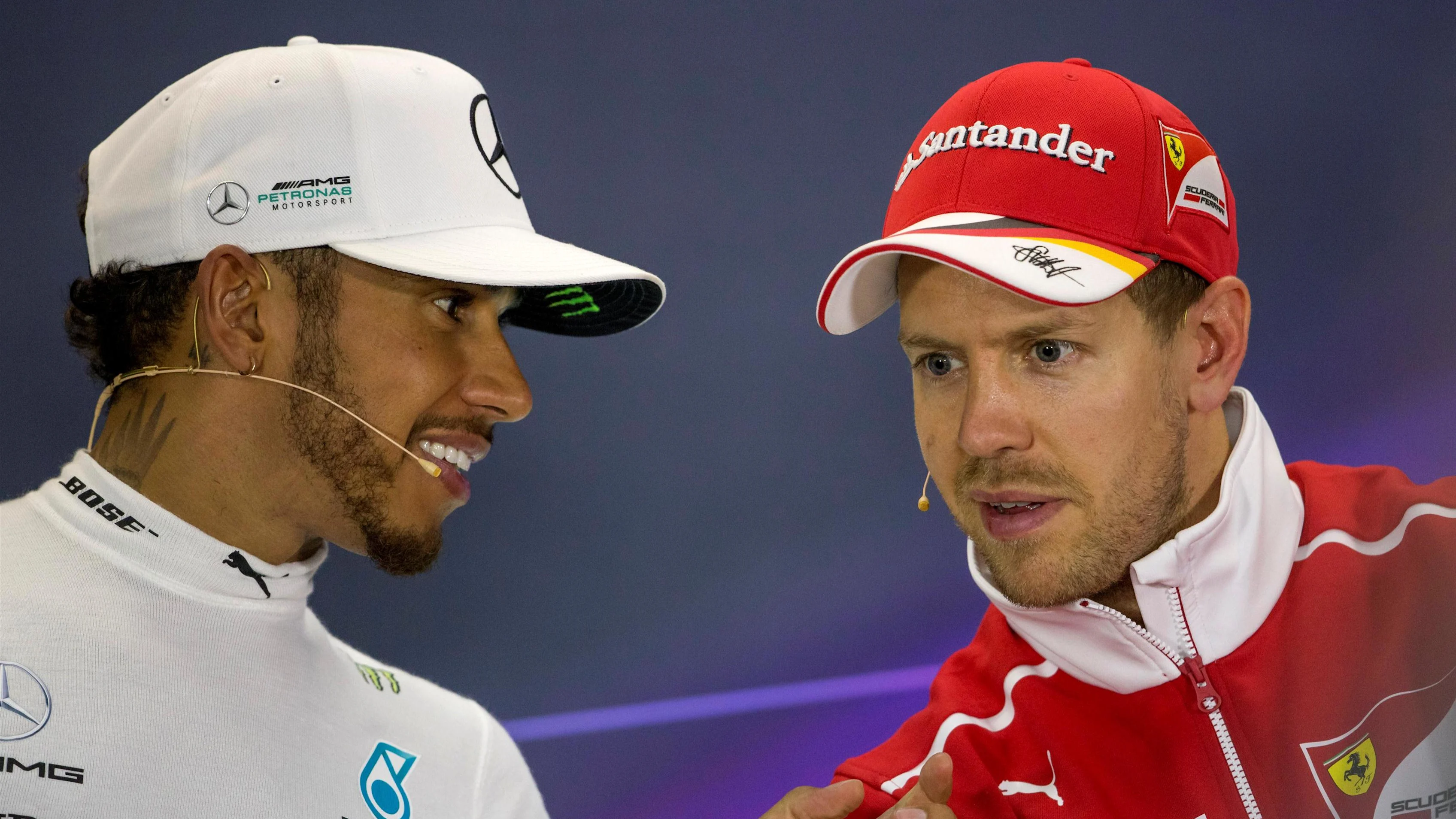 Hamilton (GBR) Mercedes AMG F1 and race winner Vettel (GER) Ferrari in the Press Conference at Formula One World Championship, Rd3, Bahrain Grand Prix Race, Bahrain International Circuit, Sakhir, Bahrain, Sunday 16 April 2017. © Sutton Motorsport Images