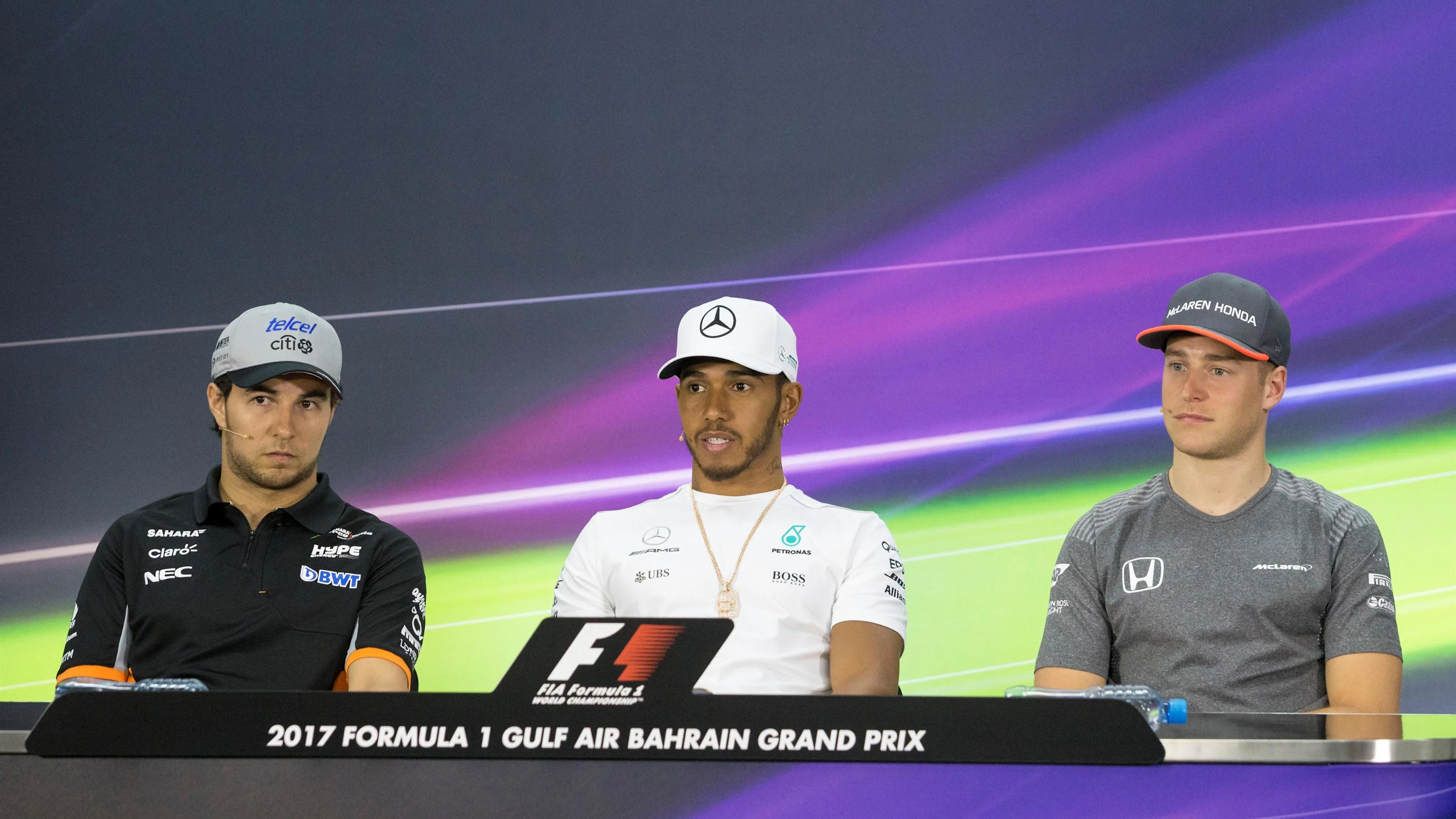 Perez Force India, Hamilton Mercedes AMG F1 and Vandoorne McLaren in the Press Conference at F1 World Championship, Rd3, Bahrain Grand Prix Preparations, Bahrain International Circuit, Sakhir, Bahrain, Thursday 13 April 2017. © Sutton Motorsport Images