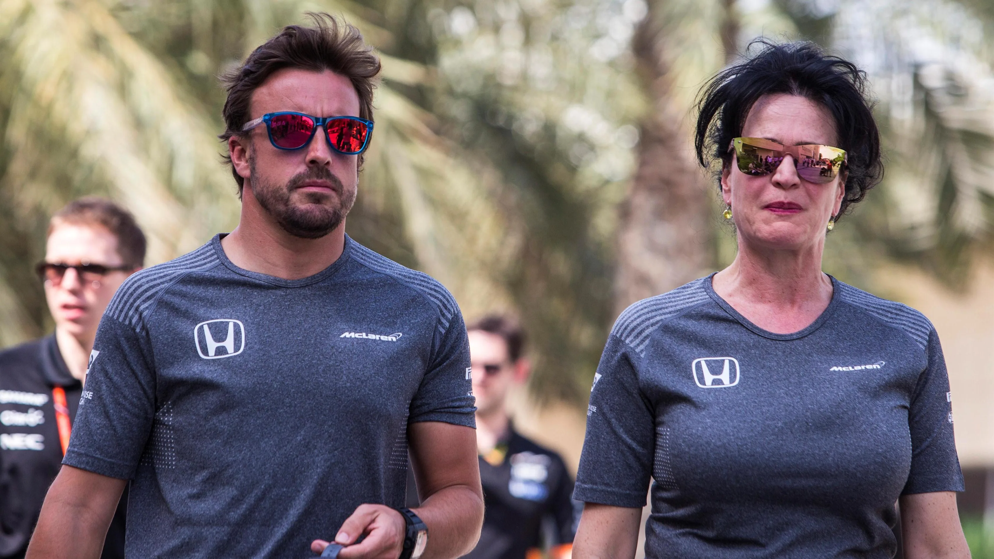 Fernando Alonso (ESP) McLaren and Silvia Hoffer Frangipane, McLaren Press Officer at Formula One World Championship, Rd3, Bahrain Grand Prix Preparations, Bahrain International Circuit, Sakhir, Bahrain, Thursday 13 April 2017. © Sutton Motorsport Images