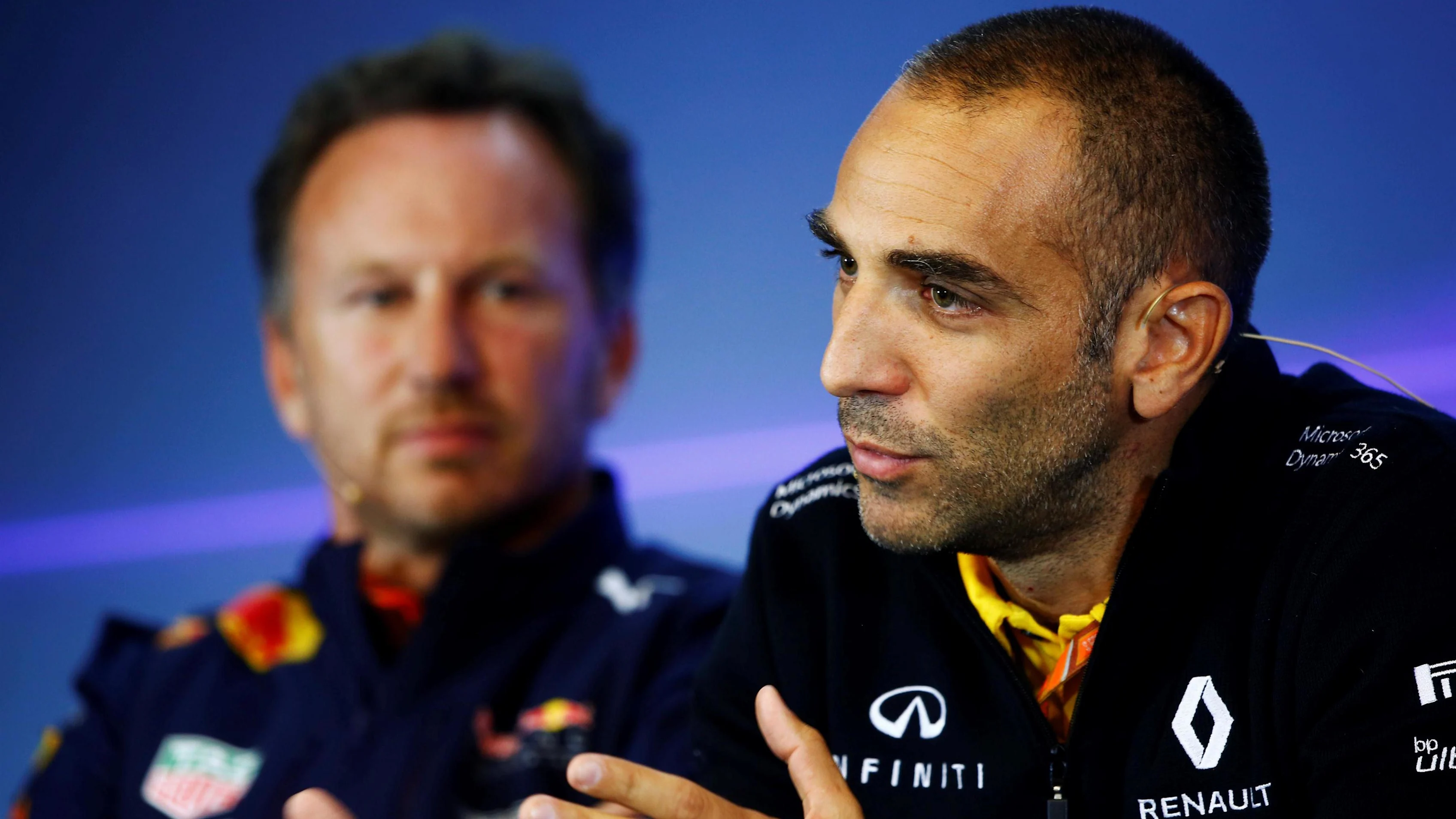 Christian Horner (GBR) Red Bull Racing Team Principal and Cyril Abiteboul (FRA) Renault Sport F1