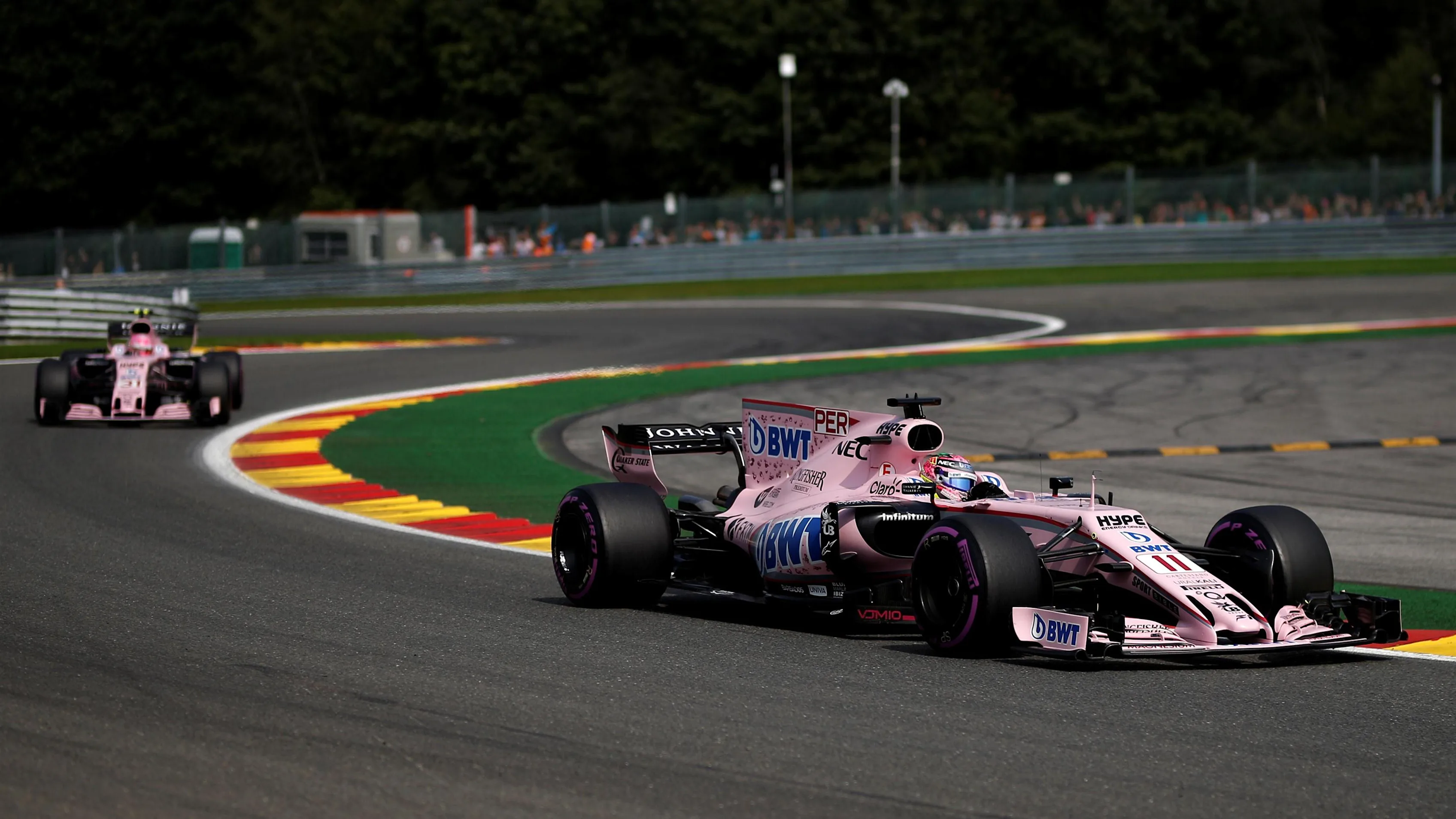 Sergio Perez (MEX) Force India VJM10 and Esteban Ocon (FRA) Force India VJM10 at Formula One World Championship, Rd12, Belgian Grand Prix, Qualifying, Spa Francorchamps, Belgium, Saturday 26 August 2017. © Sutton Images