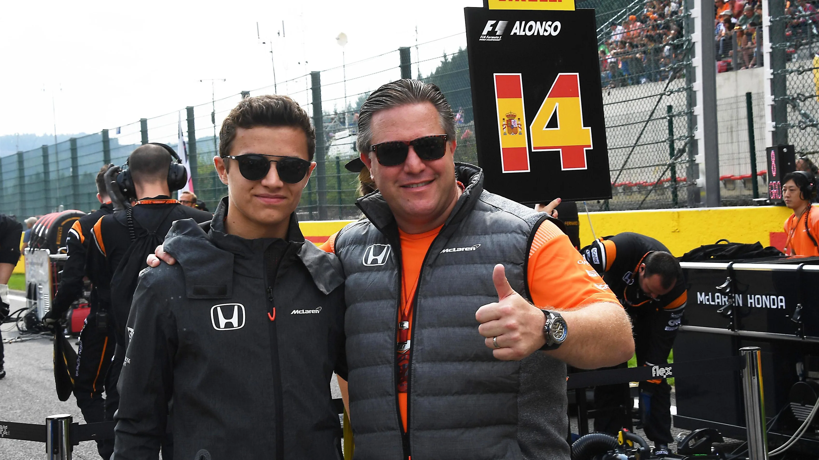 Zak Brown (USA) McLaren Executive Director and Lando Norris (GBR) McLaren Young Driver on the grid