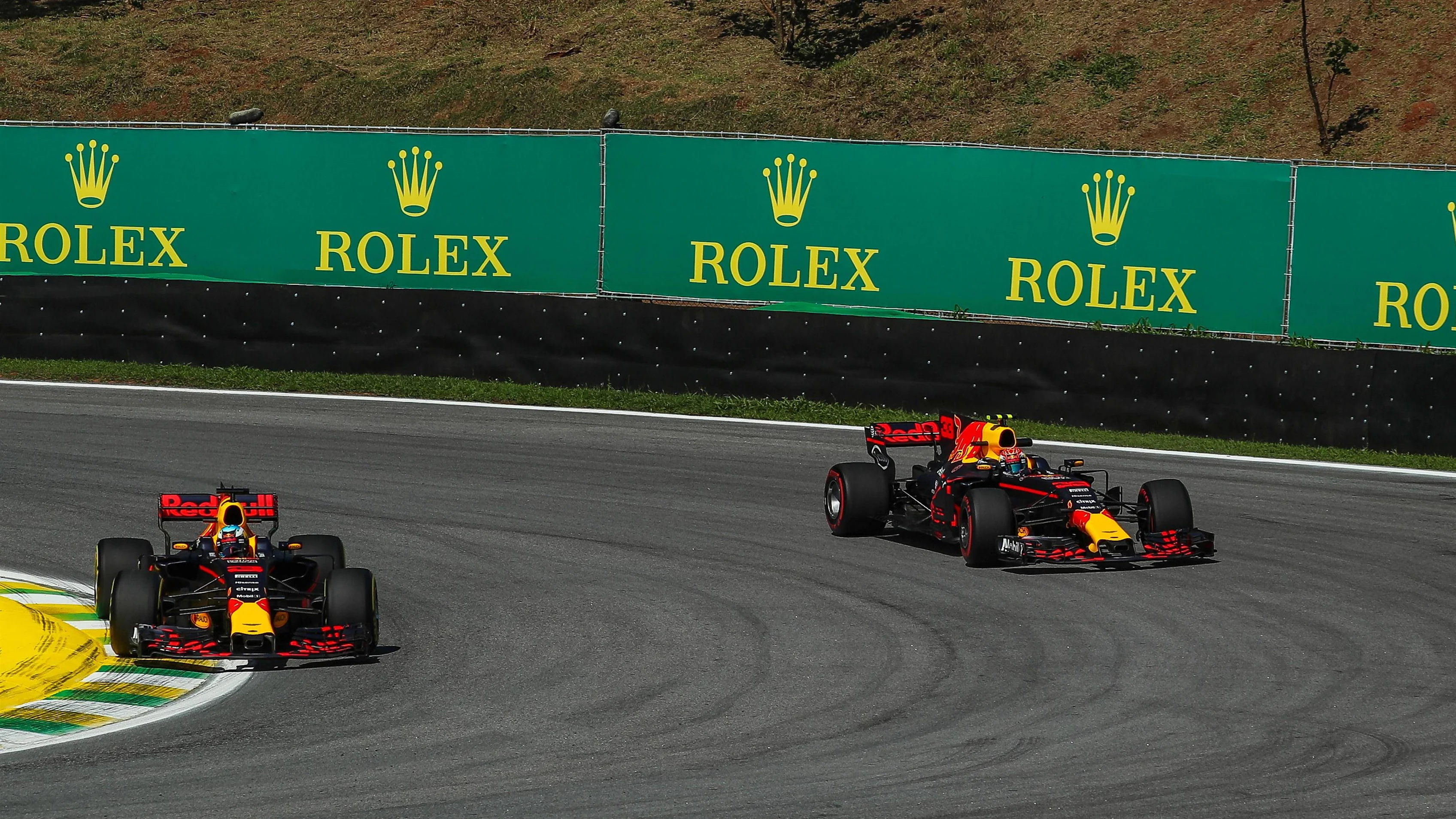 Daniel Ricciardo (AUS) Red Bull Racing RB13 and Max Verstappen (NED) Red Bull Racing RB13 at Formula One World Championship, Rd19, Brazilian Grand Prix, Practice, Interlagos, Sao Paulo, Brazil, Friday 10 November 2017. © Kym Illman/Sutton Images