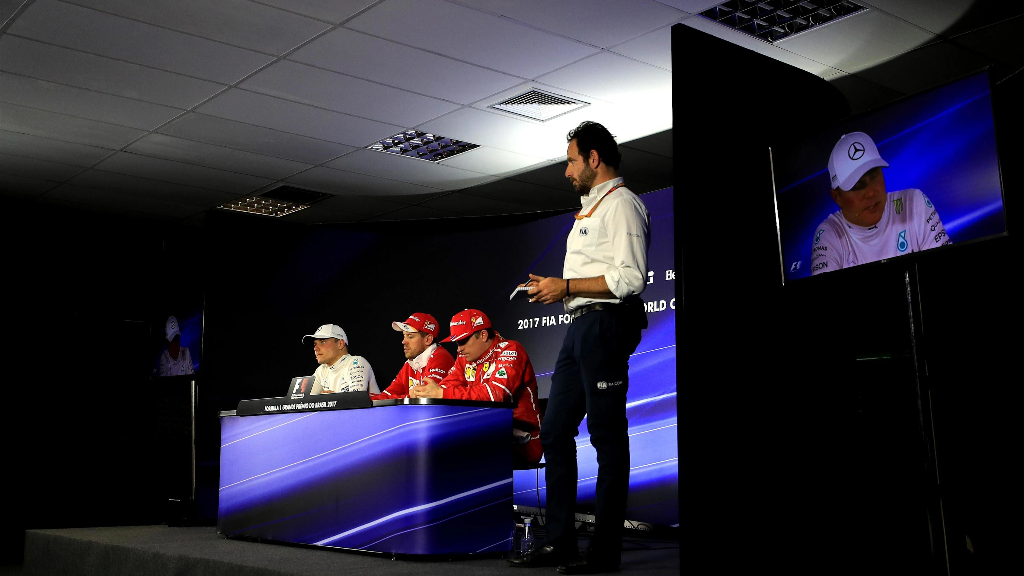 Valtteri Bottas (FIN) Mercedes AMG F1, race winner Sebastian Vettel (GER) Ferrari, Kimi Raikkonen (FIN) Ferrari and Matteo Bonciani (ITA) FIA Media Delegate in the Press Conference at Formula One World Championship, Rd19, Brazilian Grand Prix, Race, Interlagos, Sao Paulo, Brazil, Sunday 12 November 2017. © Kym Illman/Sutton Images
