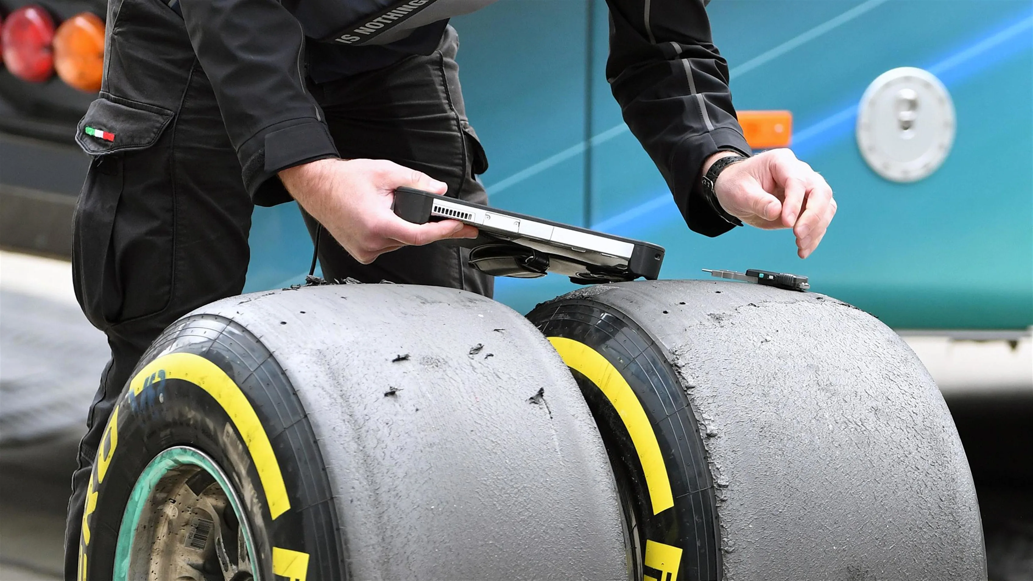 Pirelli engineers and Pirelli tyres at Formula One World Championship, Rd10, British Grand Prix,