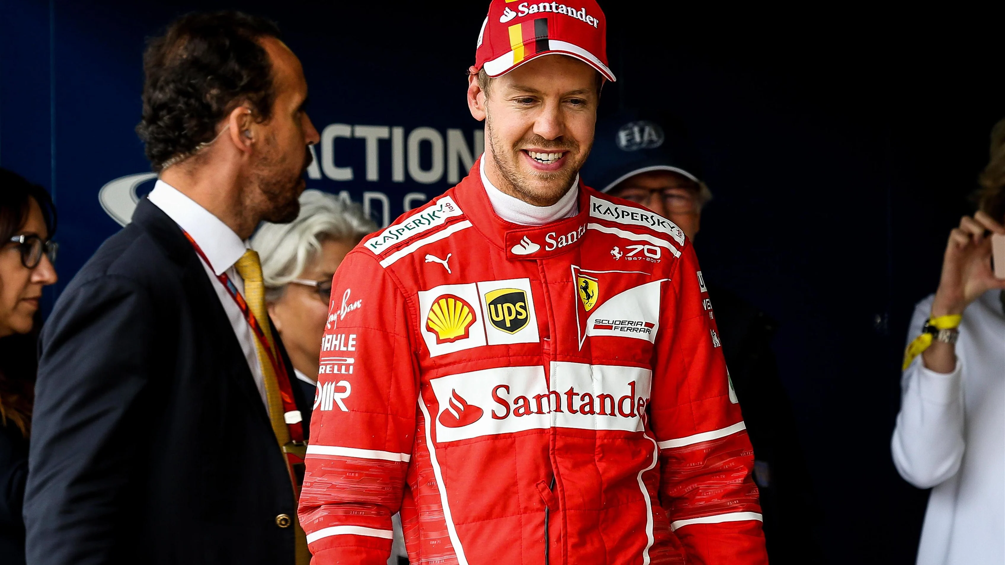 Sebastian Vettel (GER) Ferrari celebrates in parc ferme at Formula One World Championship, Rd10, British Grand Prix, Qualifying, Silverstone, England, Saturday 15 July 2017. © Sutton Images