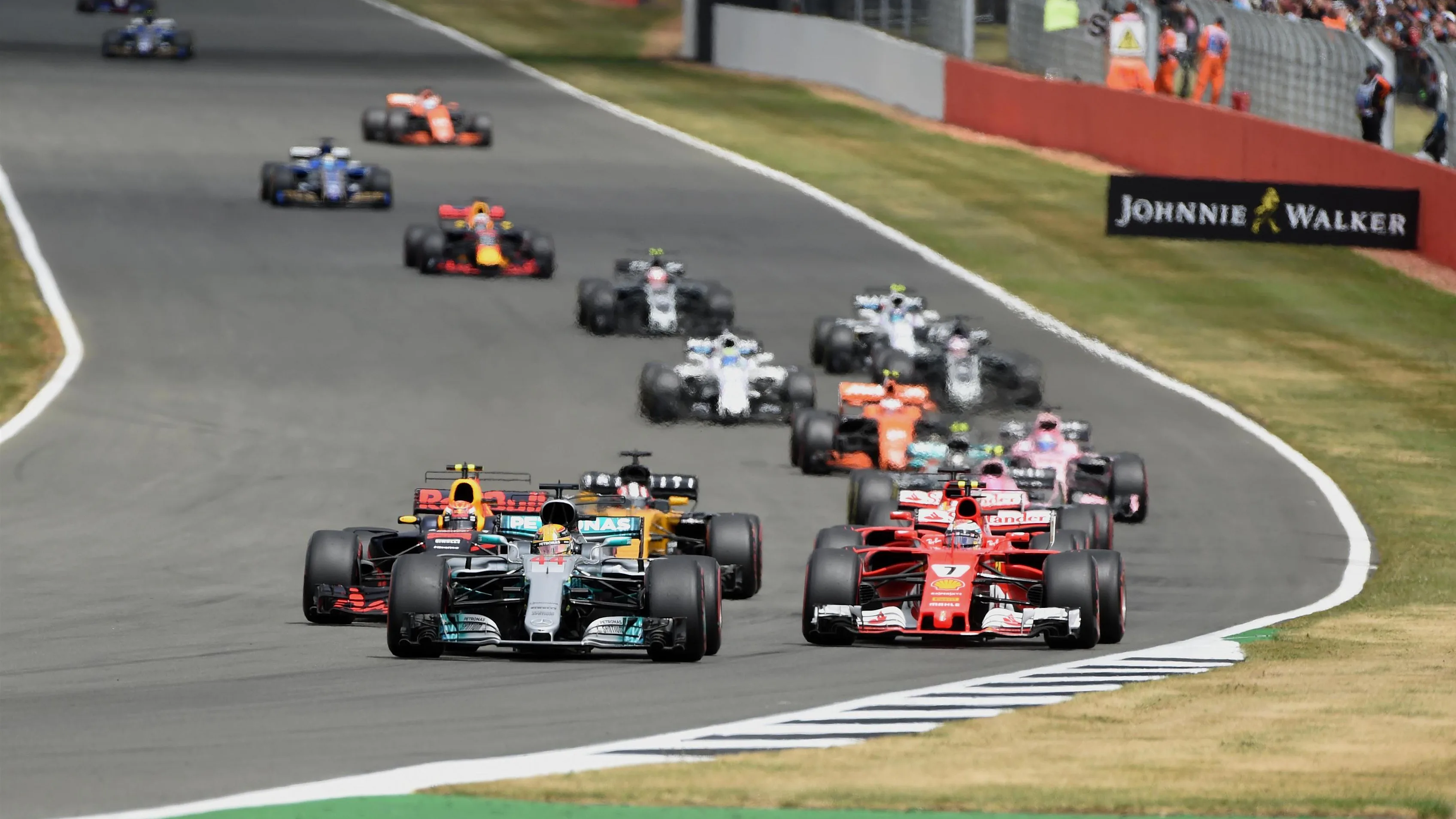 Lewis Hamilton (GBR) Mercedes-Benz F1 W08 Hybrid leads at the start of the race at Formula One