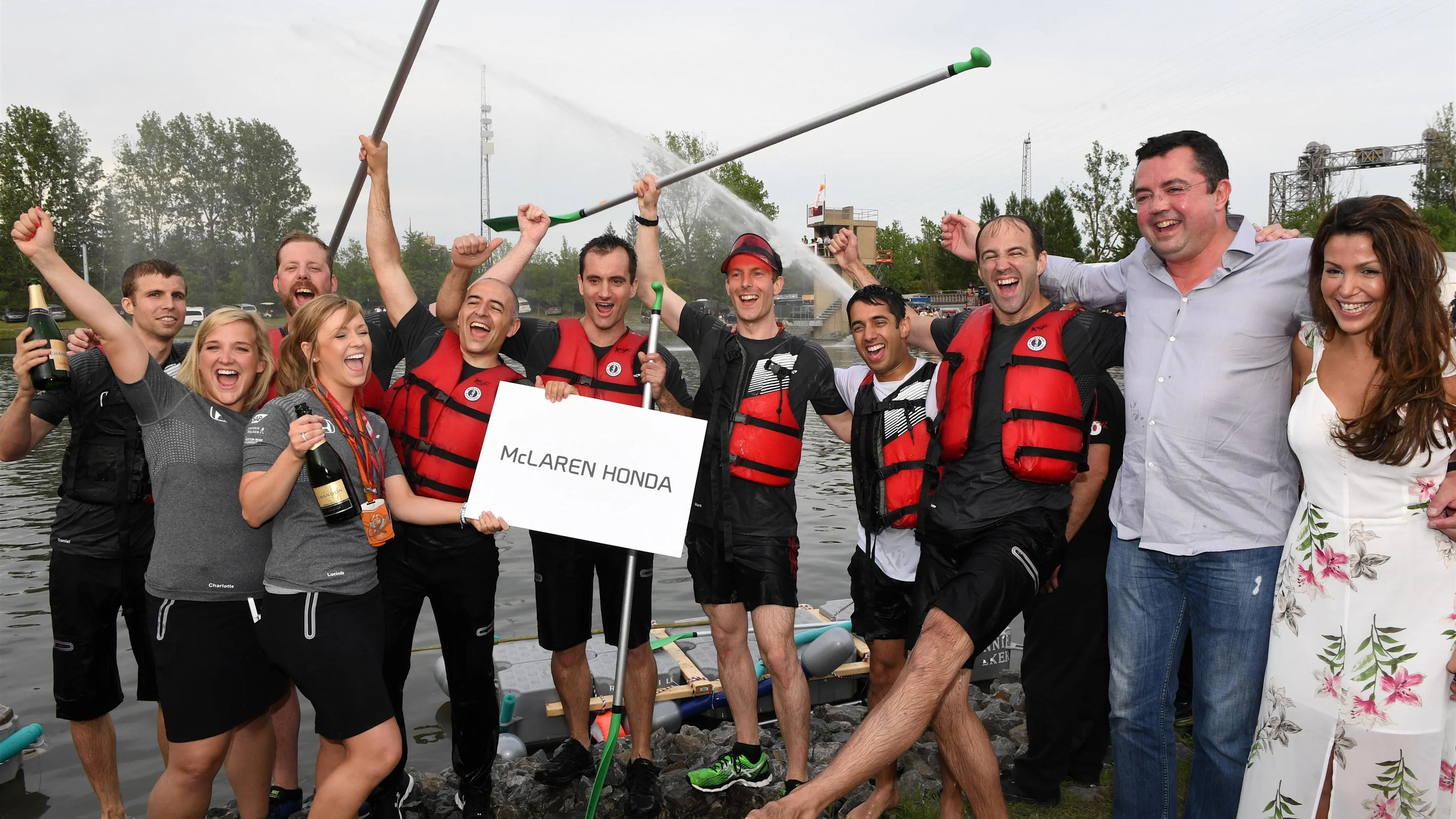 McLaren and Eric Boullier (FRA) McLaren Racing Director celebrate at the raft race at Formula One
