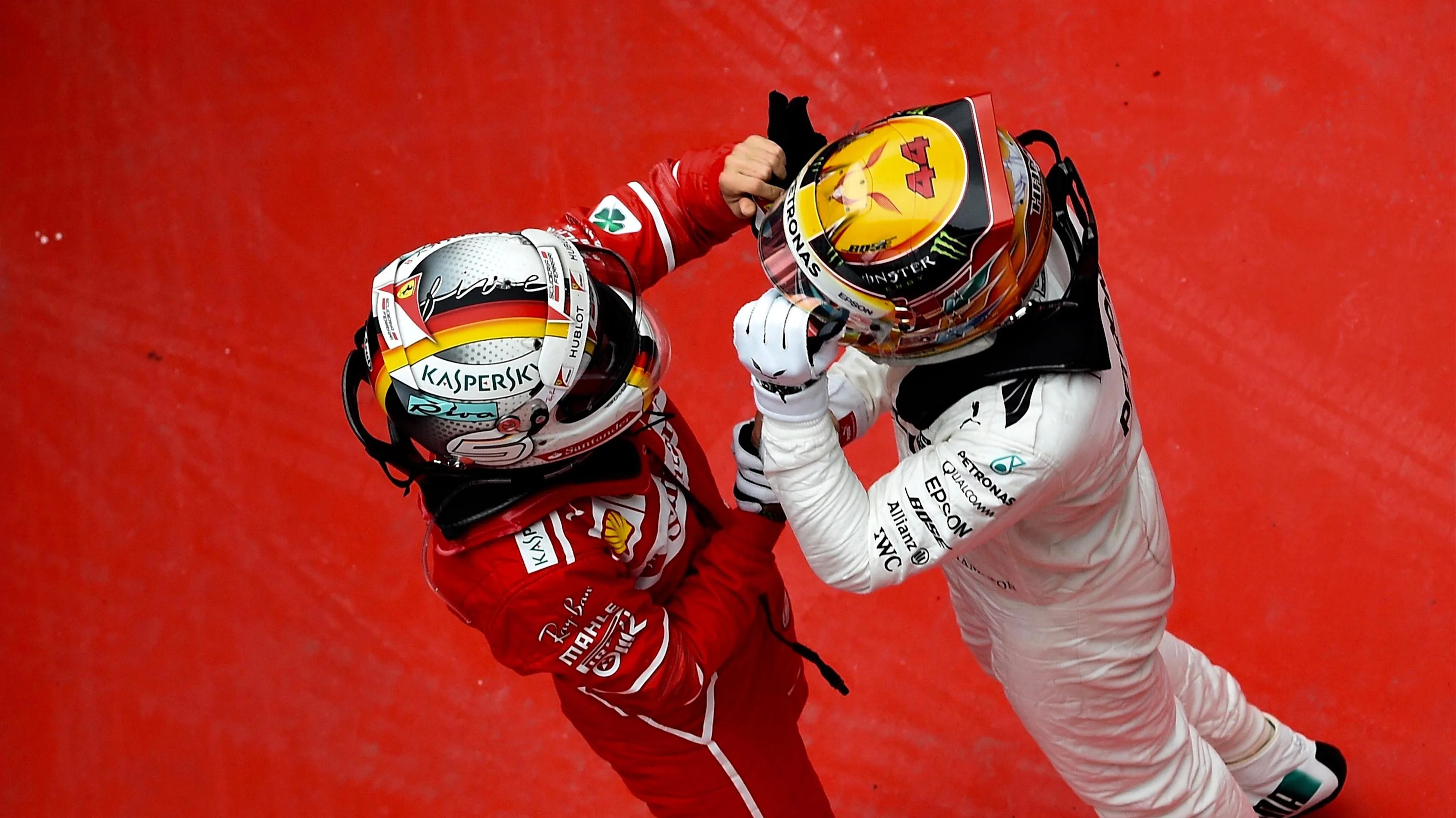 Race winner Lewis Hamilton (GBR) Mercedes AMG F1 and Sebastian Vettel (GER) Ferrari celebrate in parc ferme at Formula One World Championship, Rd2, Chinese Grand Prix, Race, Shanghai, China, Sunday 9 April 2017. © Sutton Motorsport Images