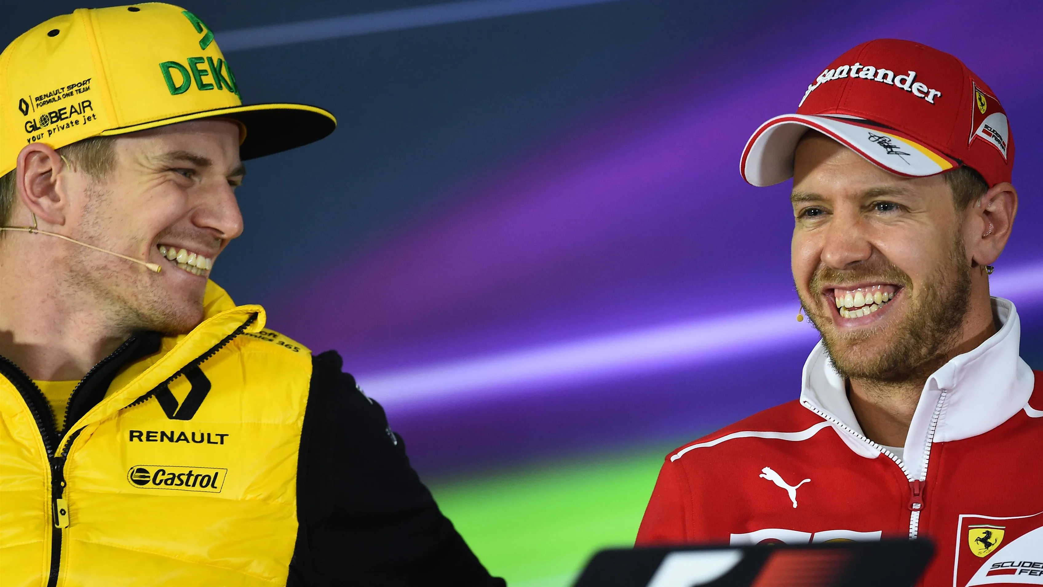 Nico Hulkenberg (GER) Renault Sport F1 Team and Sebastian Vettel (GER) Ferrari in the Press Conference at Formula One World Championship, Rd2, Chinese Grand Prix, Preparations, Shanghai, China, Thursday 6 April 2017. © Sutton Motorsport Images