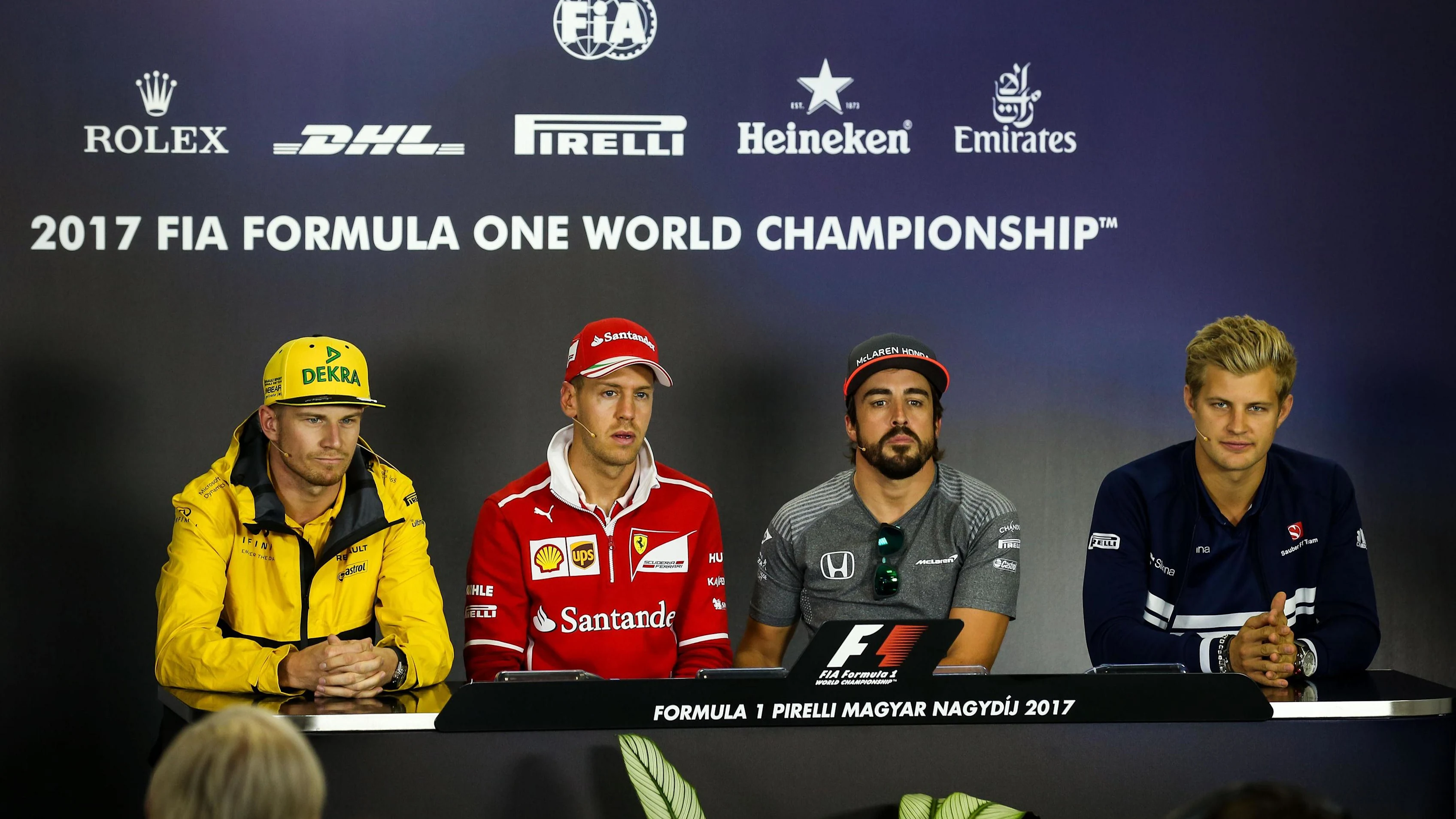 Nico Hulkenberg (GER) Renault Sport F1 Team, Sebastian Vettel (GER) Ferrari, Fernando Alonso (ESP) McLaren and Marcus Ericsson (SWE) Sauber in the Press Conference at Formula One World Championship, Rd11, Hungarian Grand Prix, Preparations, Hungaroring, Hungary, Thursday 27 July 2017. © Sutton Images