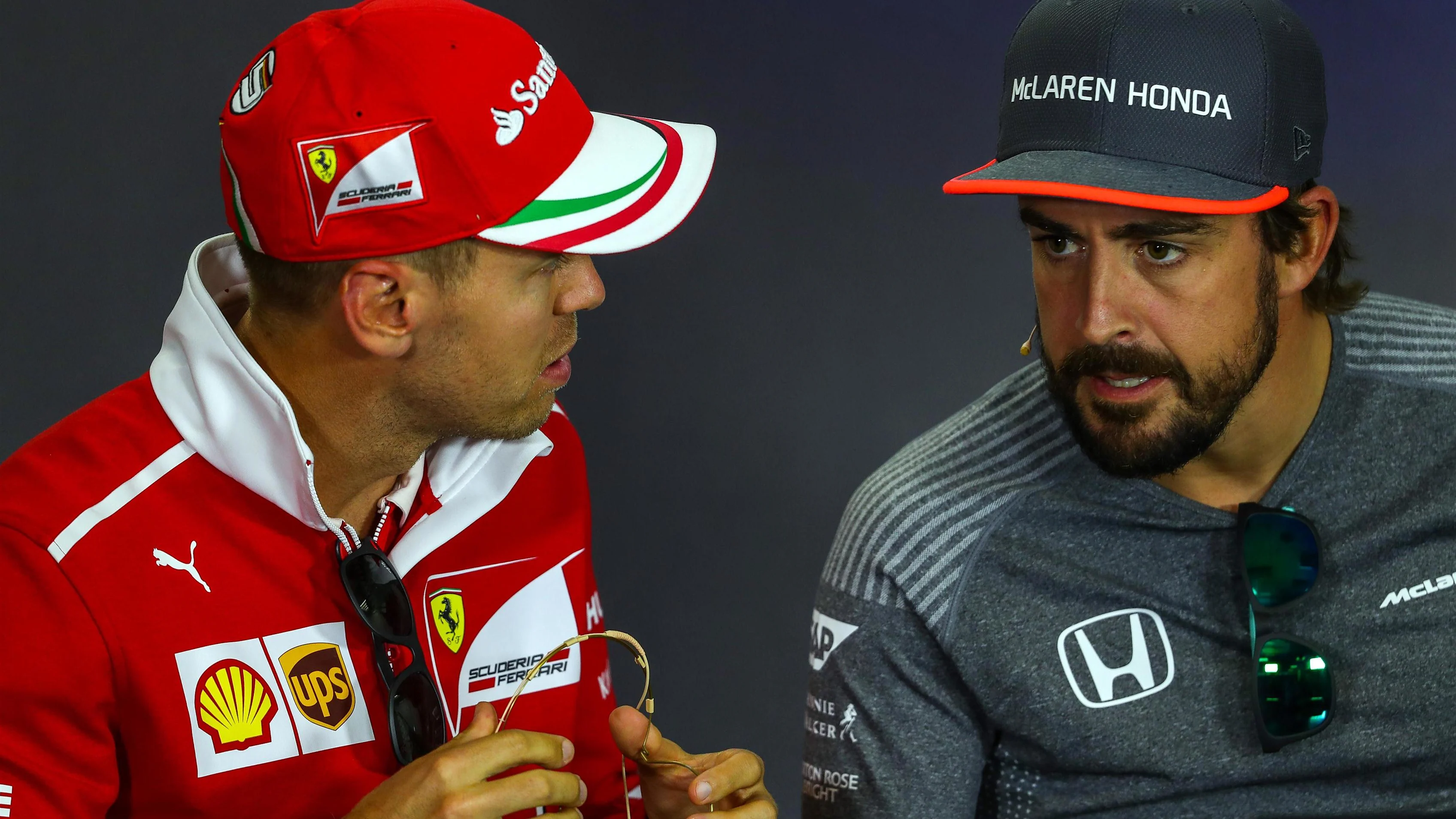 Sebastian Vettel (GER) Ferrari and Fernando Alonso (ESP) McLaren in the Press Conference at Formula