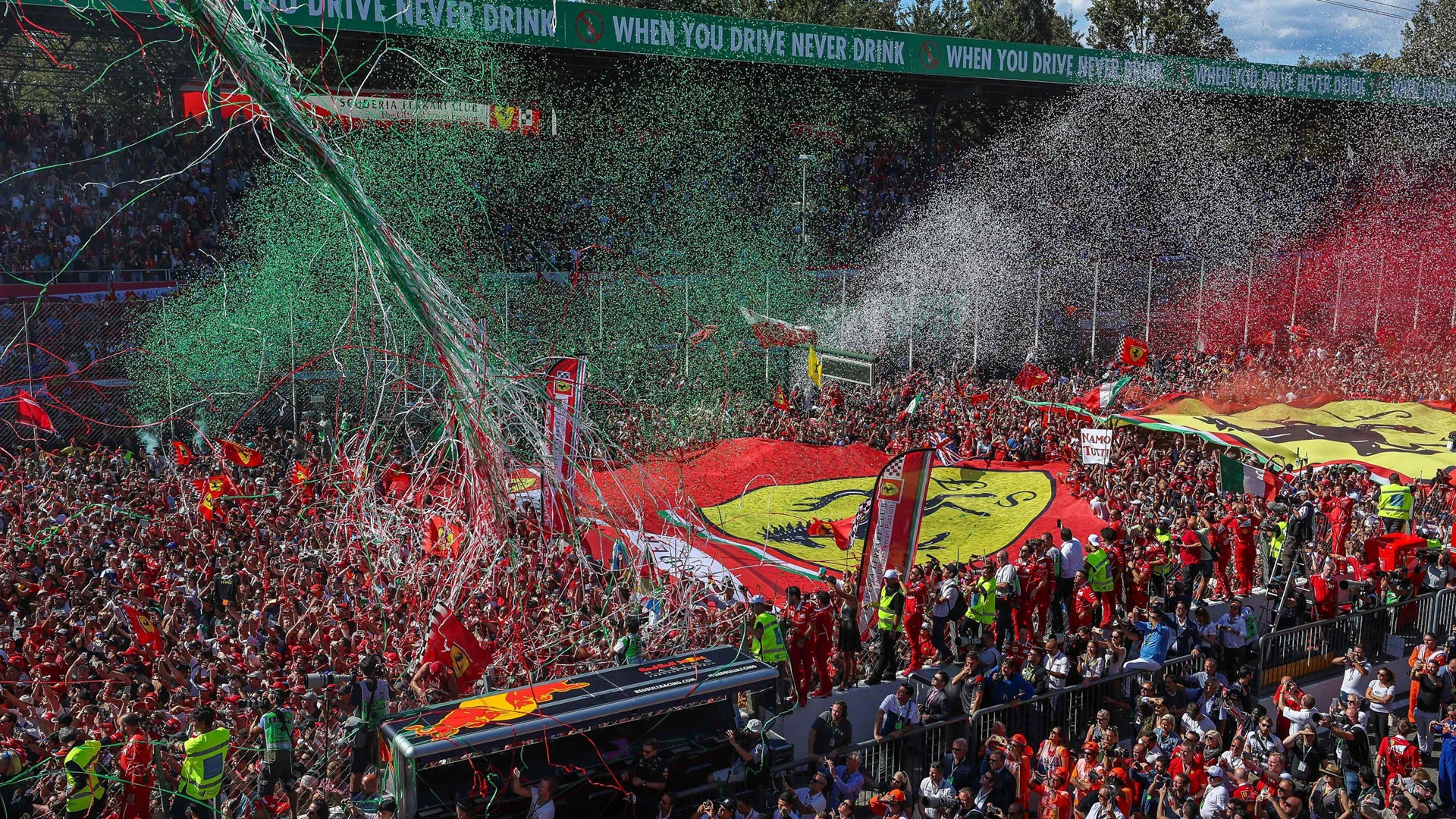 Ferrari Fans and flags at the podium celebrations at Formula One World Championship, Rd13, Italian