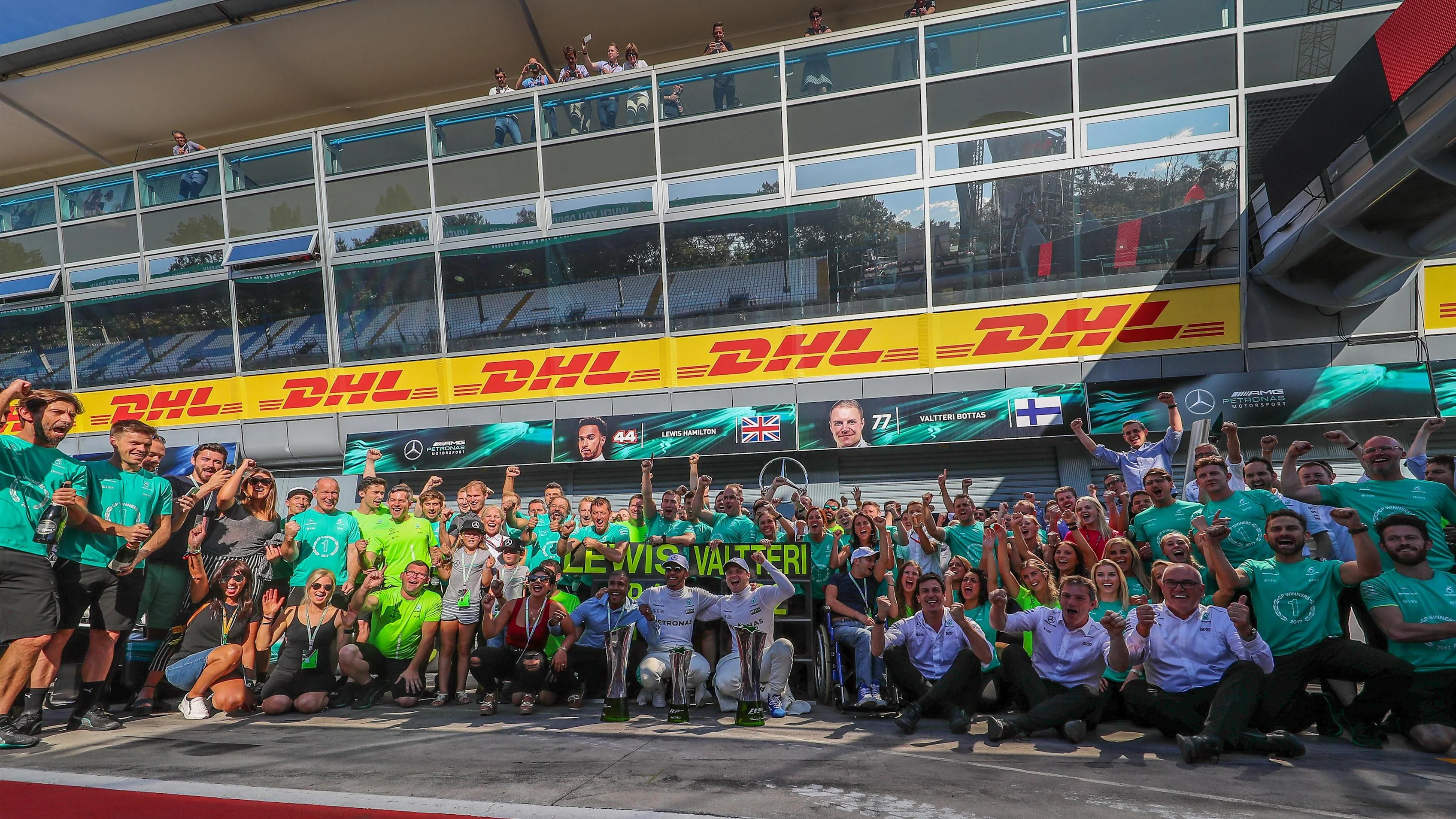 Race winner Lewis Hamilton (GBR) Mercedes AMG F1 and Valtteri Bottas (FIN) Mercedes AMG F1