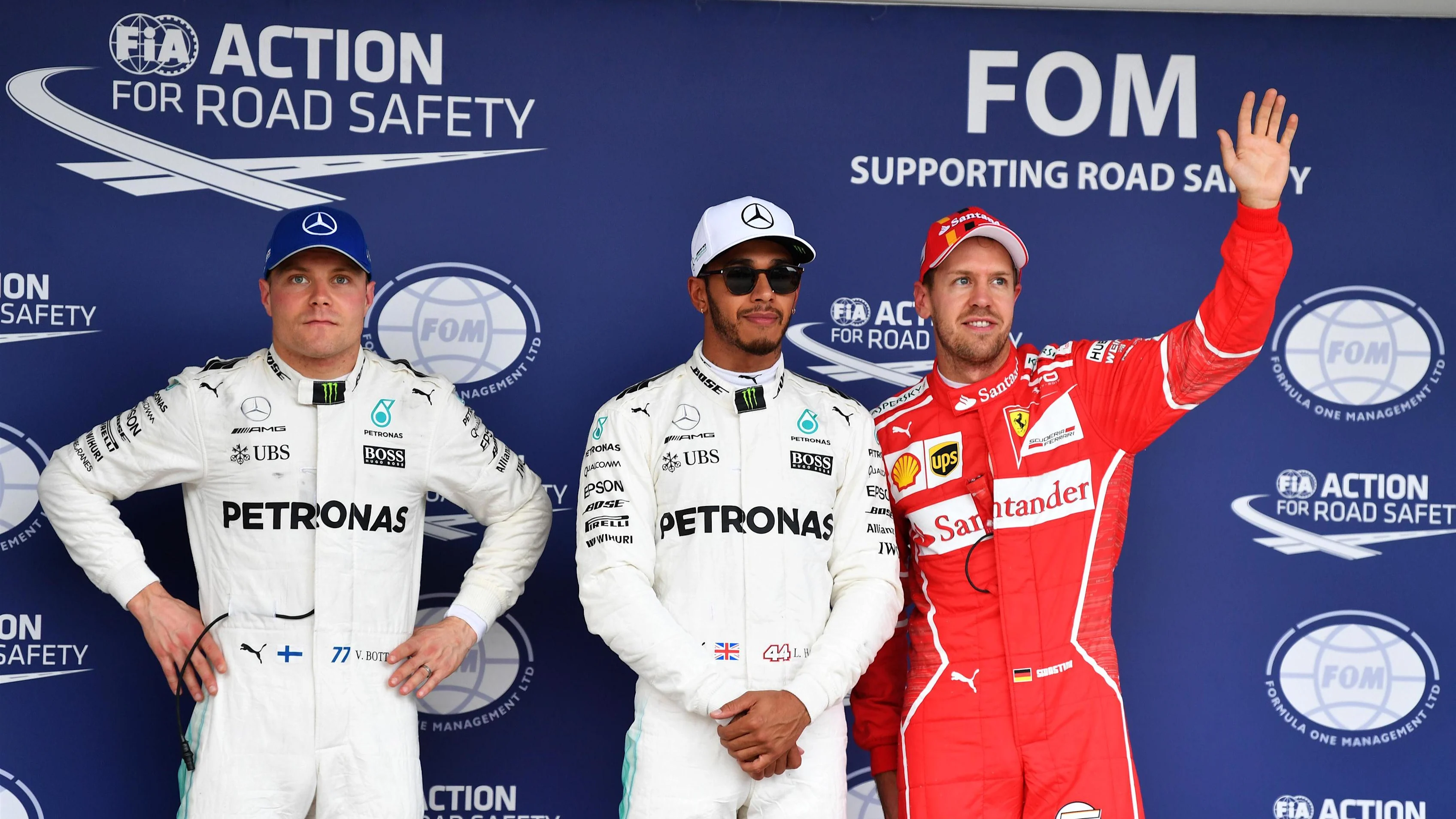 (L to R): Valtteri Bottas (FIN) Mercedes AMG F1, pole sitter Lewis Hamilton (GBR) Mercedes AMG F1 and Sebastian Vettel (GER) Ferrari celebrate in parc ferme at Formula One World Championship, Rd16, Japanese Grand Prix, Qualifying, Suzuka, Japan, Saturday 7 October 2017. © Mark Sutton/Sutton Images