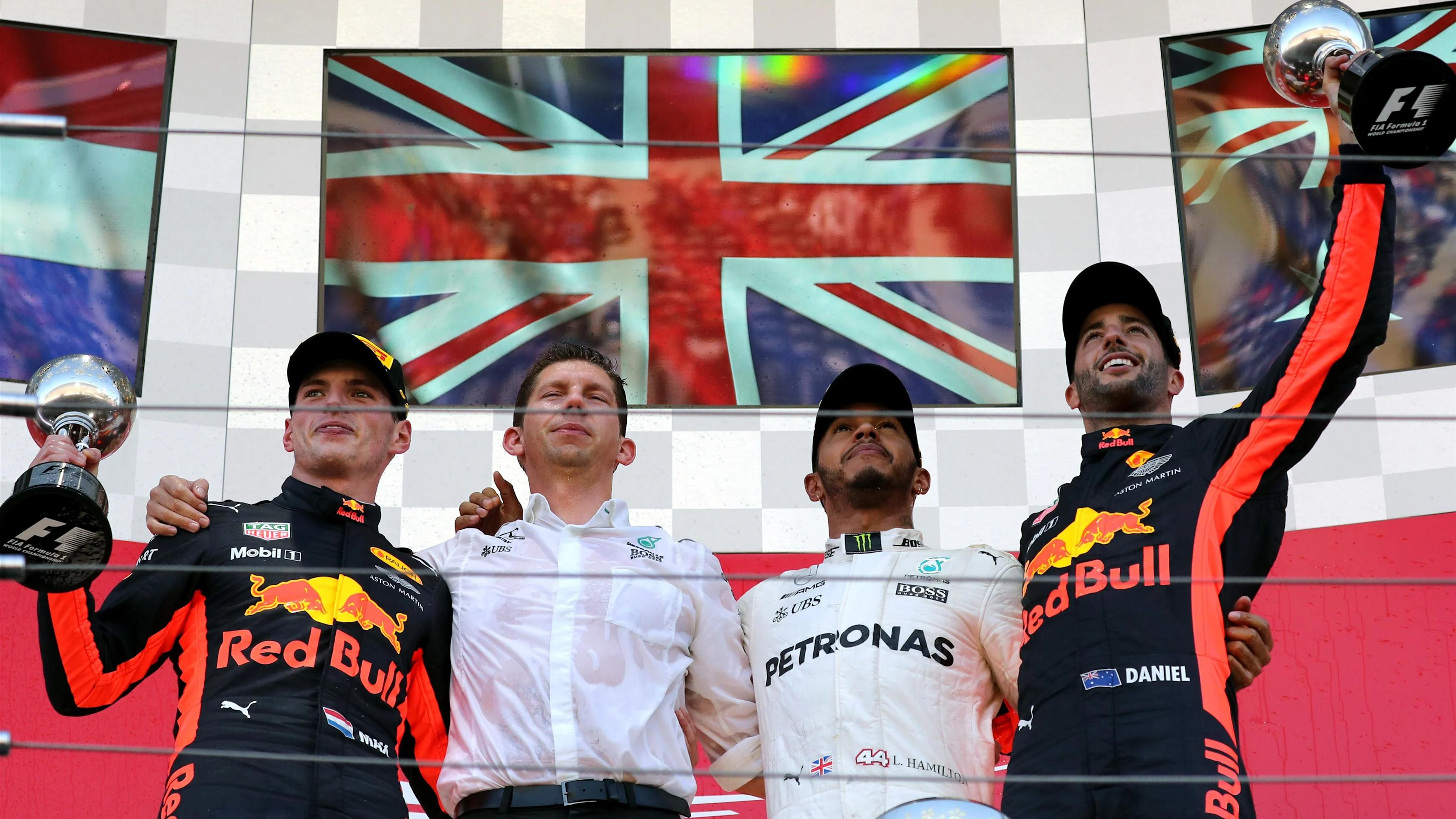 (L to R): Max Verstappen (NED) Red Bull Racing, James Vowles (GBR) Mercedes AMG F1 Chief