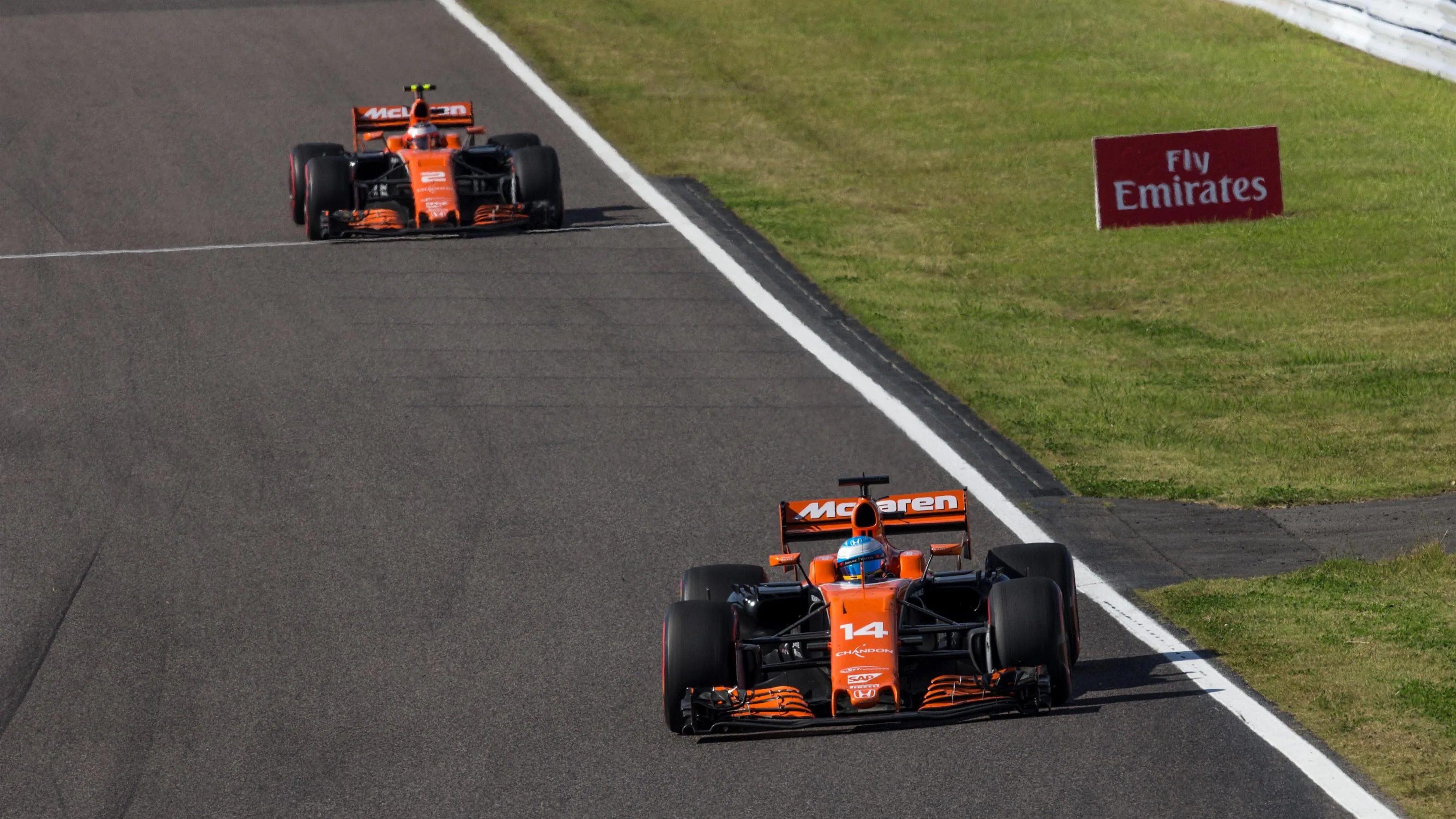 Fernando Alonso (ESP) McLaren MCL32 and Stoffel Vandoorne (BEL) McLaren MCL32 at Formula One World Championship, Rd16, Japanese Grand Prix, Race, Suzuka, Japan, Sunday 8 October 2017. © Manuel Goria/Sutton Images