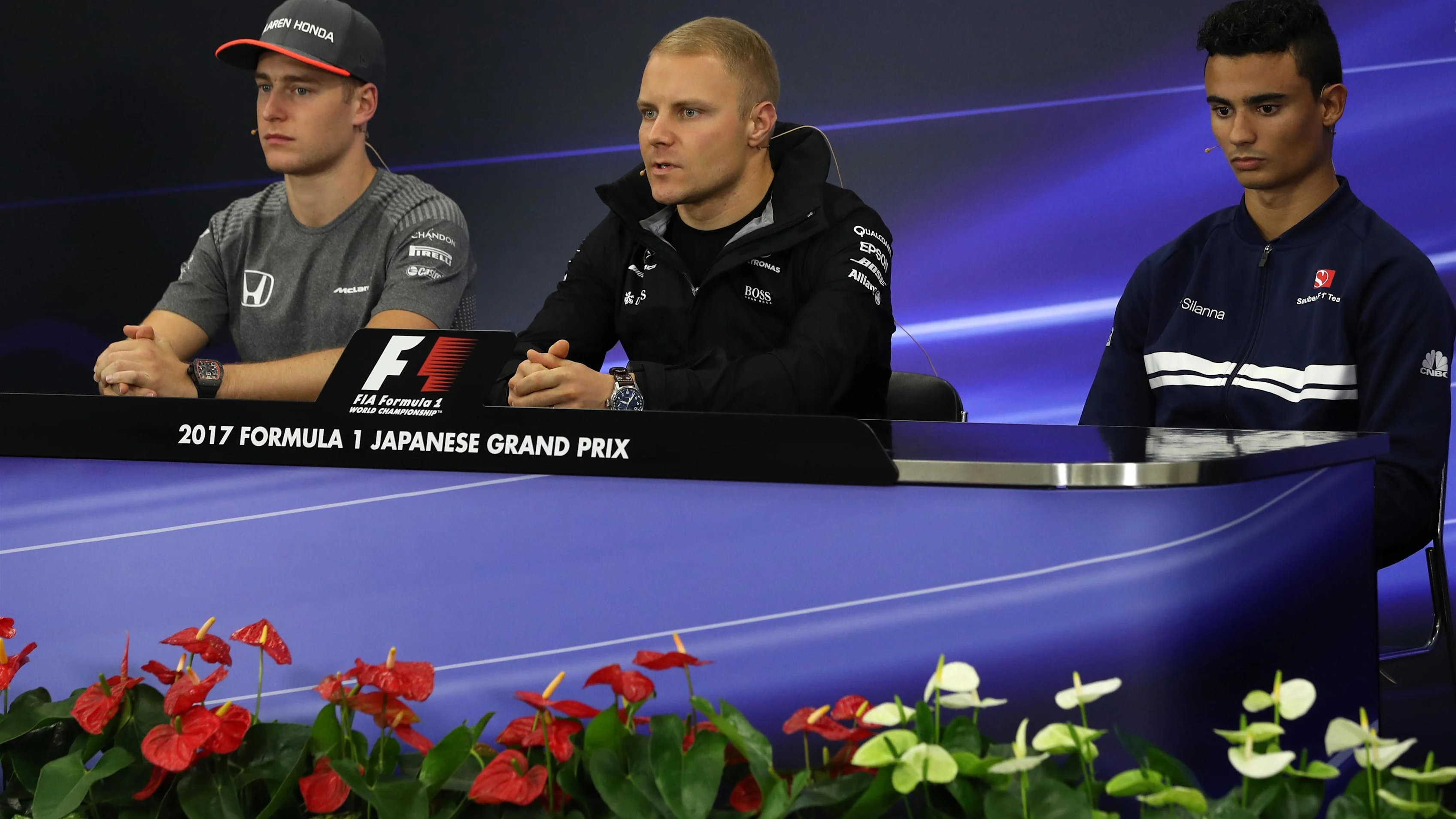 (L to R): Stoffel Vandoorne (BEL) McLaren, Valtteri Bottas (FIN) Mercedes AMG F1 and Pascal Wehrlein (GER) Sauber in the Press Conference at Formula One World Championship, Rd16, Japanese Grand Prix, Preparations, Suzuka, Japan, Thursday 5 October 2017. © Kym Illman/Sutton Images