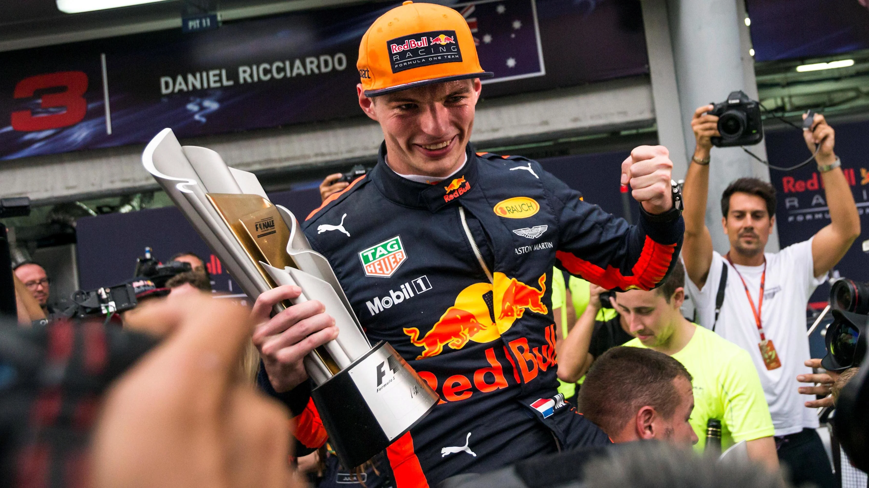 Race winner Max Verstappen (NED) Red Bull Racing celebrates with the trophy at Formula One World