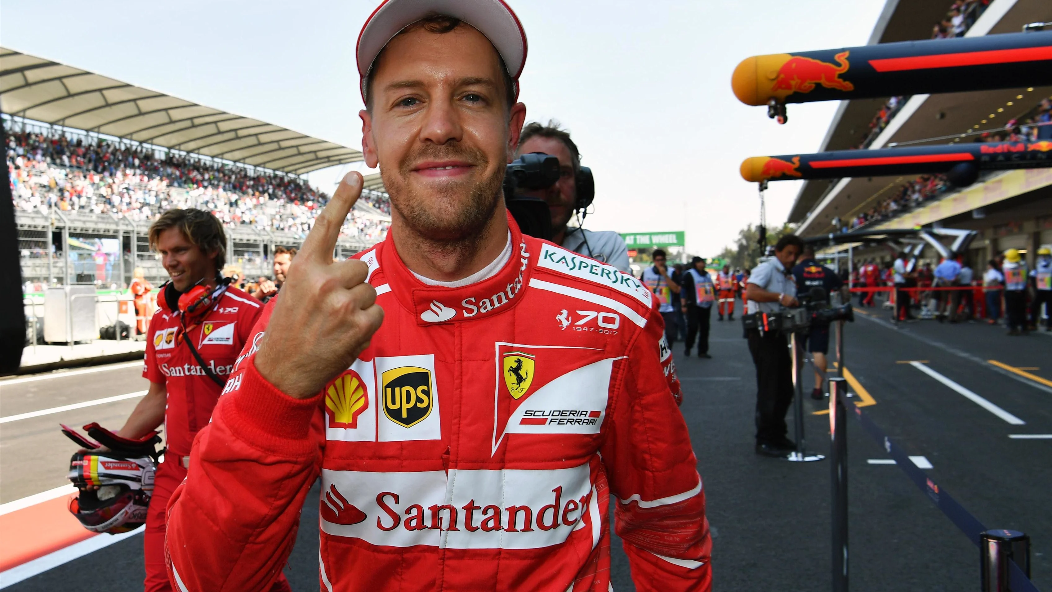Pole sitter Sebastian Vettel (GER) Ferrari celebrates in parc ferme at Formula One World Championship, Rd18, Mexican Grand Prix, Qualifying, Circuit Hermanos Rodriguez, Mexico City, Mexico, Saturday 28 October 2017. © Mark Sutton/Sutton Images