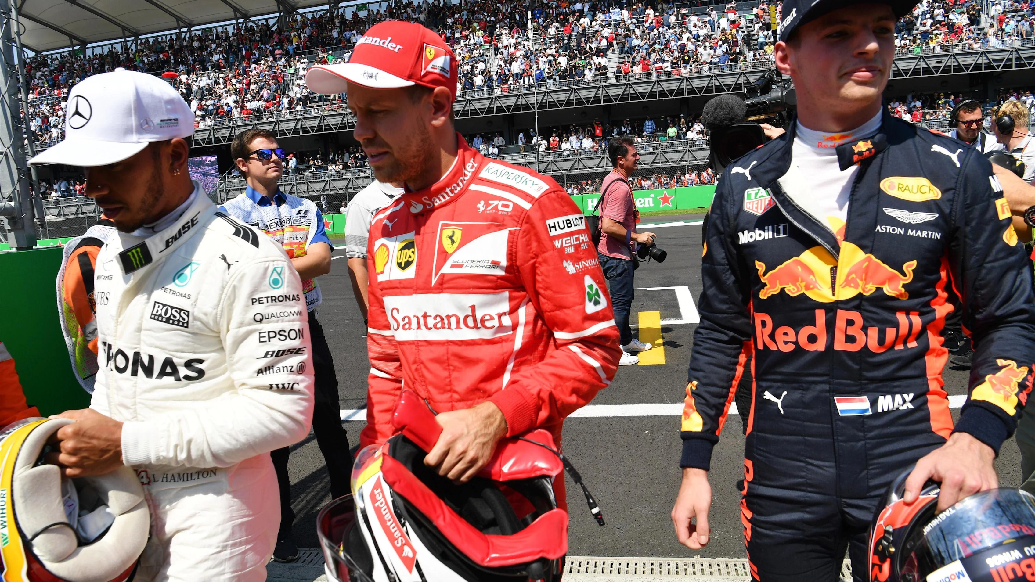 Lewis Hamilton (GBR) Mercedes AMG F1, pole sitter Sebastian Vettel (GER) Ferrari and Max Verstappen (NED) Red Bull Racing in parc ferme at Formula One World Championship, Rd18, Mexican Grand Prix, Qualifying, Circuit Hermanos Rodriguez, Mexico City, Mexico, Saturday 28 October 2017. © Mark Sutton/Sutton Images