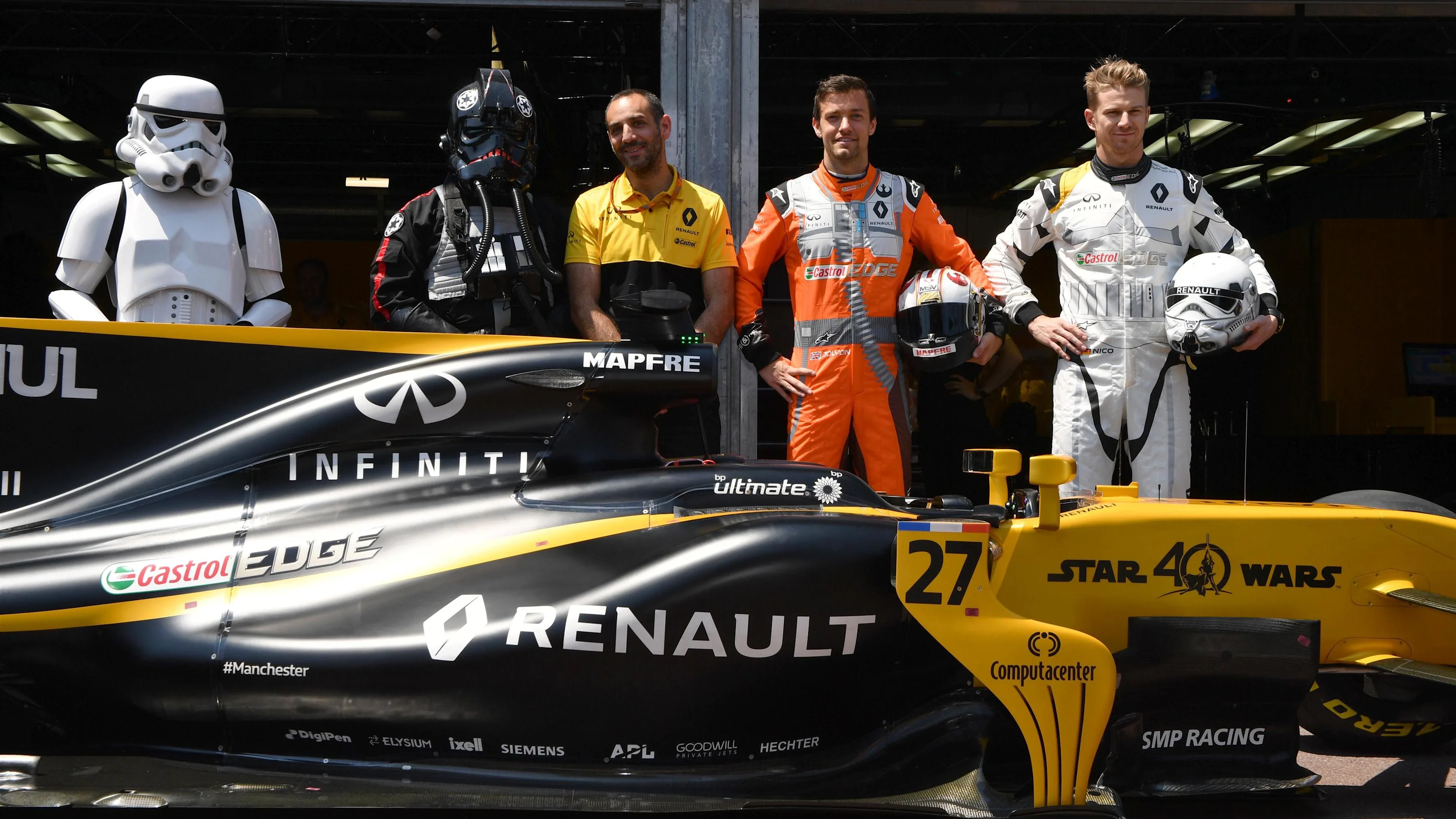 Storm Trooper, Cyril Abiteboul (FRA) Renault Sport F1 Managing Director, Jolyon Palmer (GBR) Renault Sport F1 Team and Nico Hulkenberg (GER) Renault Sport F1 Team at Formula One World Championship, Rd6, Monaco Grand Prix, Race, Monte-Carlo, Monaco, Sunday 28 May 2017. © Sutton Images