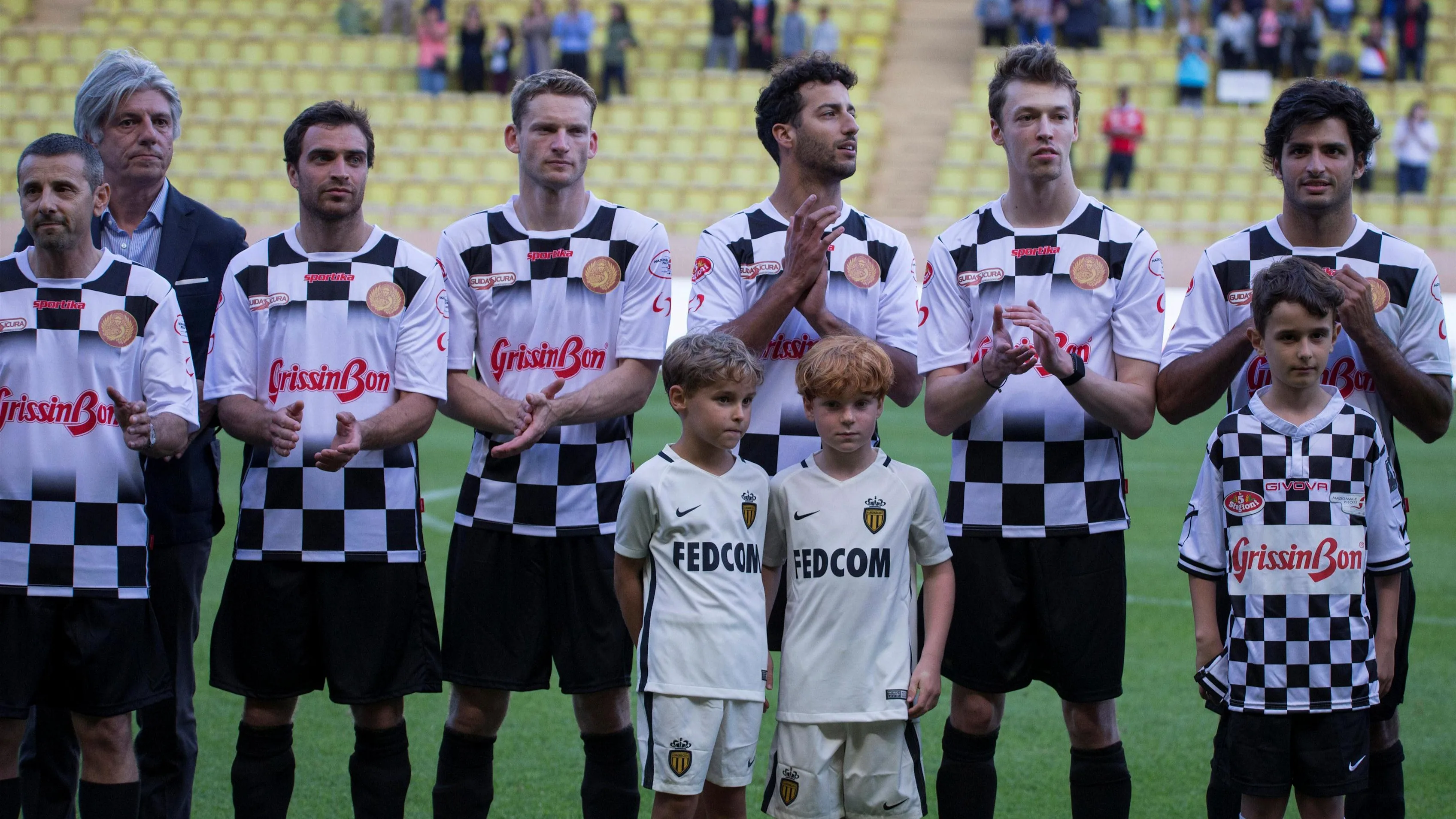 Jerome d'Ambrosio (BEL), Mario Engel (GER), Daniel Ricciardo (AUS) Red Bull Racing, Daniil Kvyat (RUS) Scuderia Toro Rosso and Carlos Sainz jr (ESP) Scuderia Toro Rosso at World Stars Football Match, Louis II Stadium, at Formula One World Championship, Rd6, Monaco Grand Prix, Preparations, Monte-Carlo, Monaco, Tuesday 23 May 2017. © Sutton Images