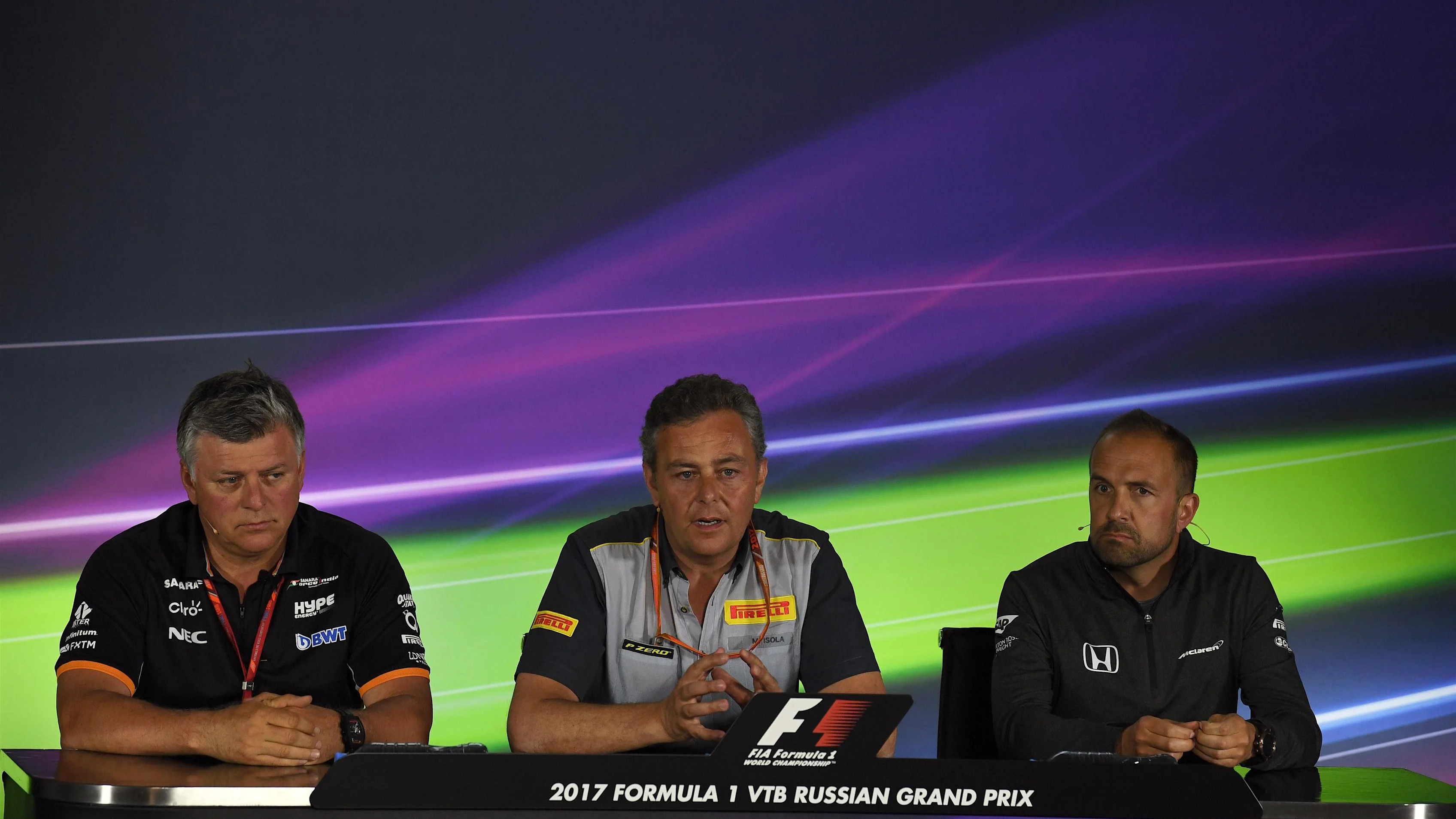Szafnauer (USA) Force India F, Isola (ITA) Pirelli and Morris (GBR) in the Press Conference at F1 World Championship, Rd4, Russian Grand Prix, Practice, Sochi Autodrom, Sochi, Krasnodar Krai, Russia, Friday 28 April 2017. © Sutton Motorsport Images