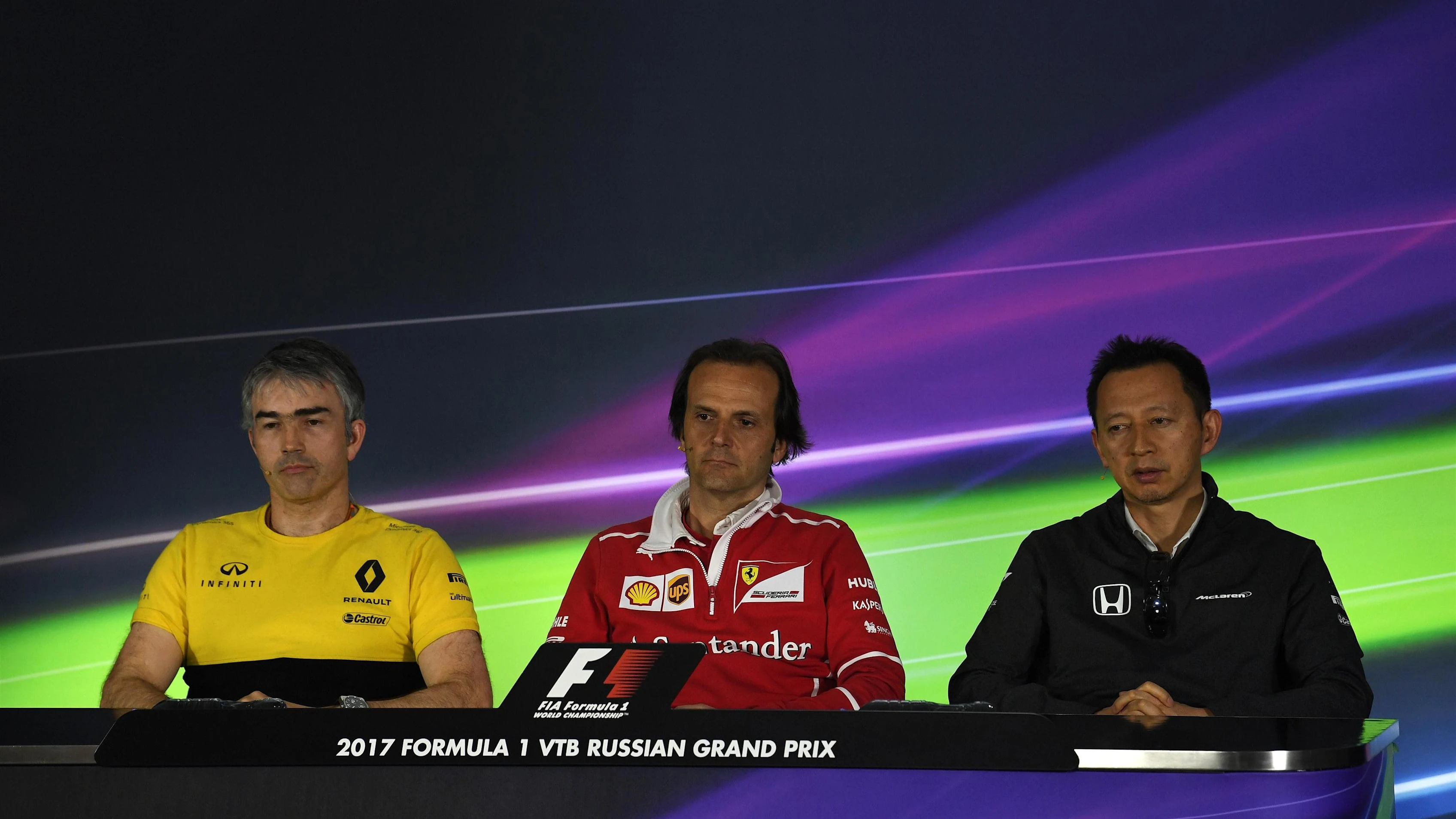 Chester (GBR) Renault, Fraboni (ITA) Ferrari and Hasegawa (JPN) Honda in the Press Conference at F1 World Championship, Rd4, Russian Grand Prix, Practice, Sochi Autodrom, Sochi, Krasnodar Krai, Russia, Friday 28 April 2017. © Sutton Motorsport Images