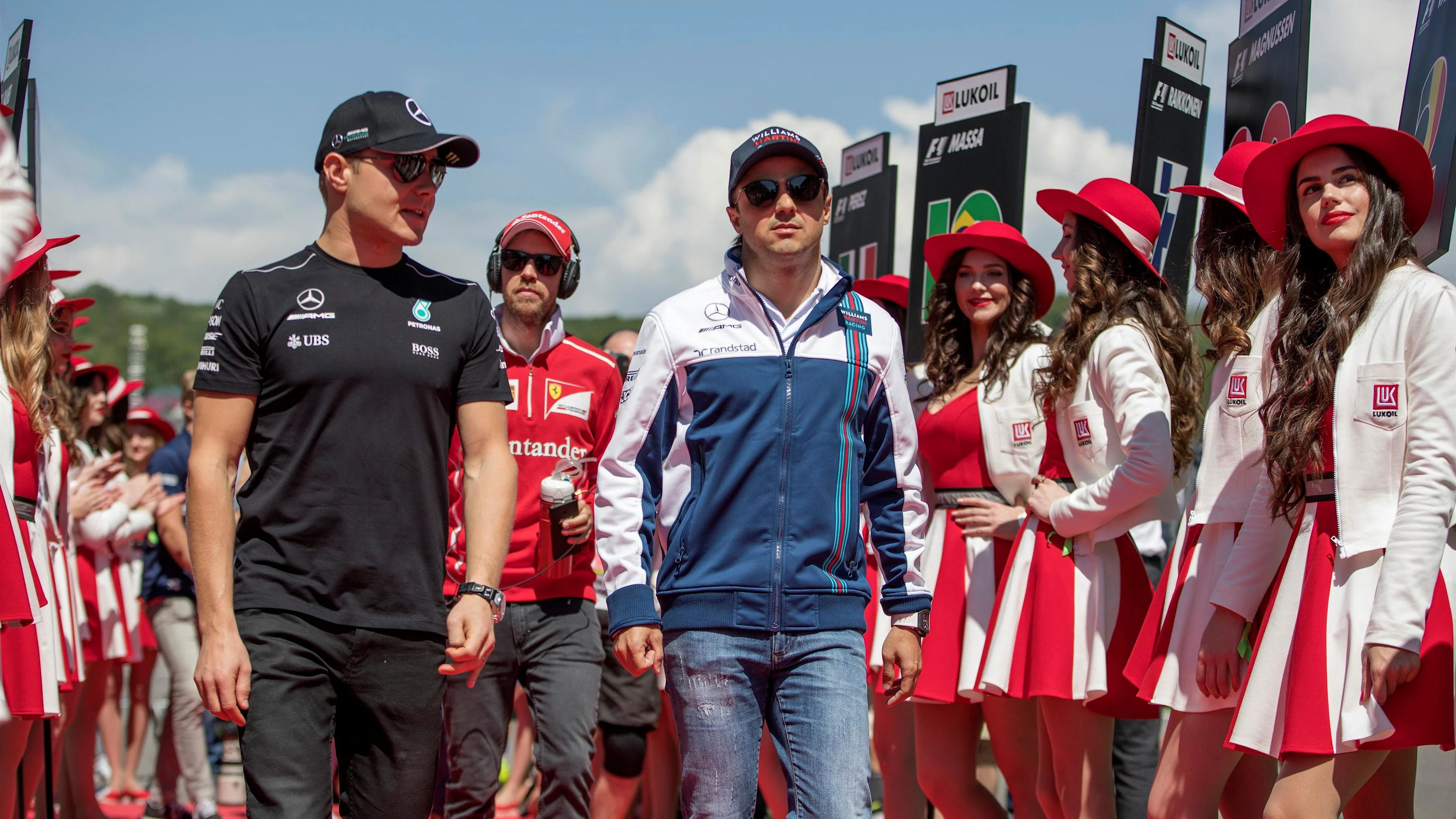 Bottas (FIN) Mercedes AMG F1, Massa (BRA) Williams and Vettel (GER) Ferrari on the drivers parade at F1 World Championship, Rd4, Russian Grand Prix, Race, Sochi Autodrom, Sochi, Krasnodar Krai, Russia, Sunday 30 April 2017. © Sutton Motorsport Images