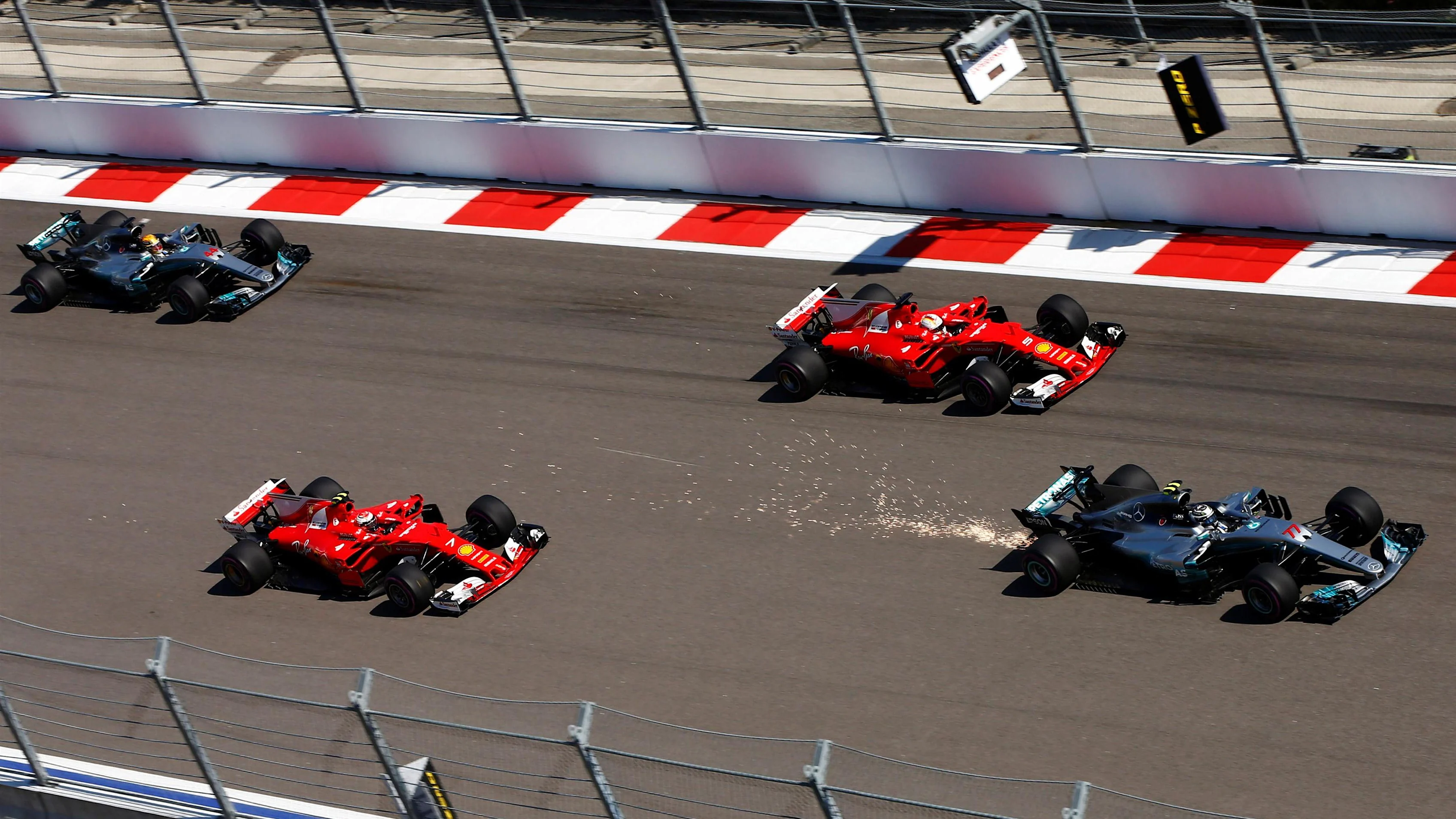 Valtteri Bottas (FIN) Mercedes-Benz F1 W08 Hybrid leads Sebastian Vettel (GER) Ferrari SF70-H and Kimi Raikkonen (FIN) Ferrari SF70-H at the start of the race at Formula One World Championship, Rd4, Russian Grand Prix, Race, Sochi Autodrom, Sochi, Krasnodar Krai, Russia, Sunday 30 April 2017. © Sutton Motorsport Images
