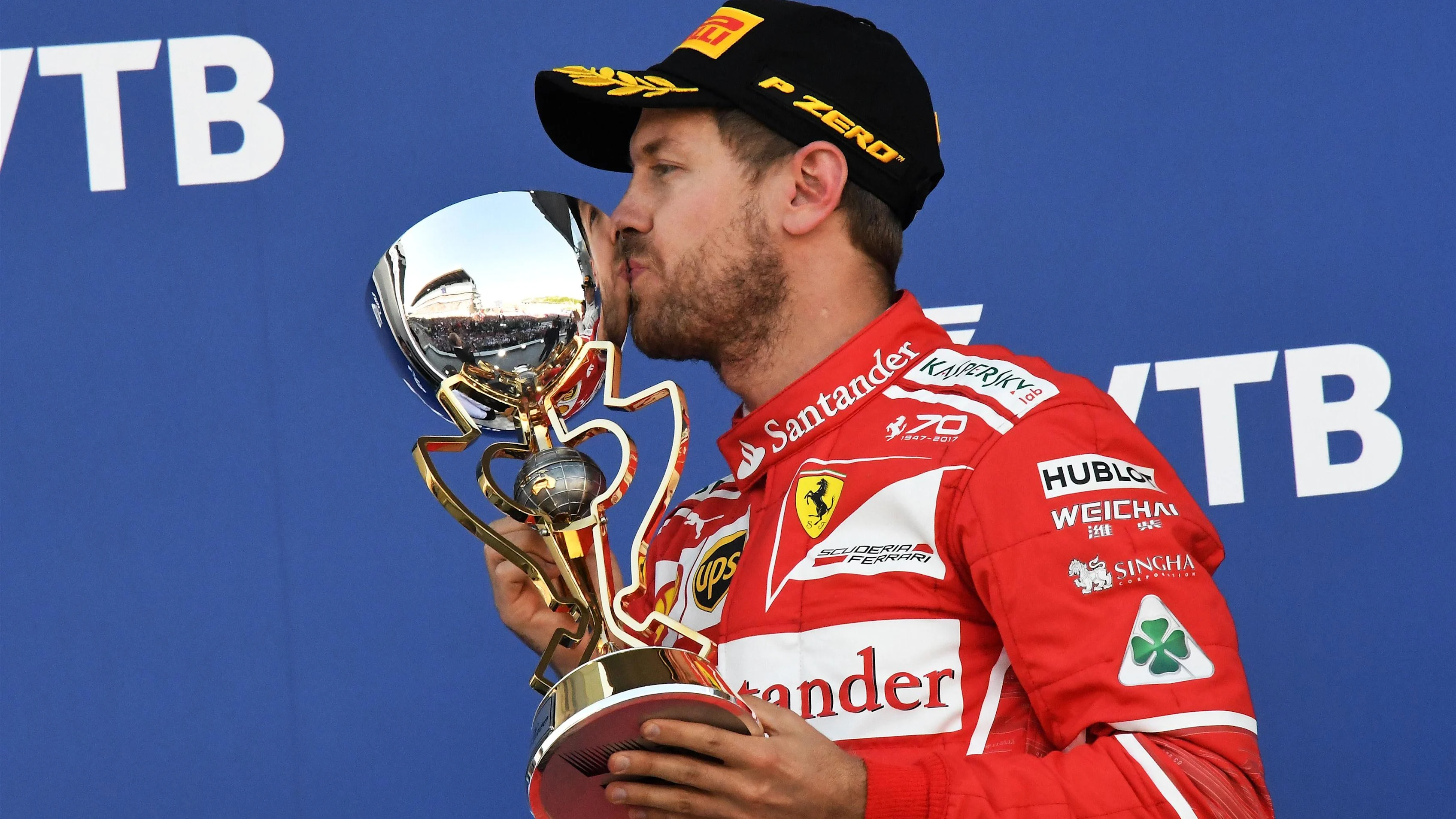 Sebastian Vettel (GER) Ferrari celebrates on the podium with the trophy at Formula One World Championship, Rd4, Russian Grand Prix, Race, Sochi Autodrom, Sochi, Krasnodar Krai, Russia, Sunday 30 April 2017. © Sutton Motorsport Images