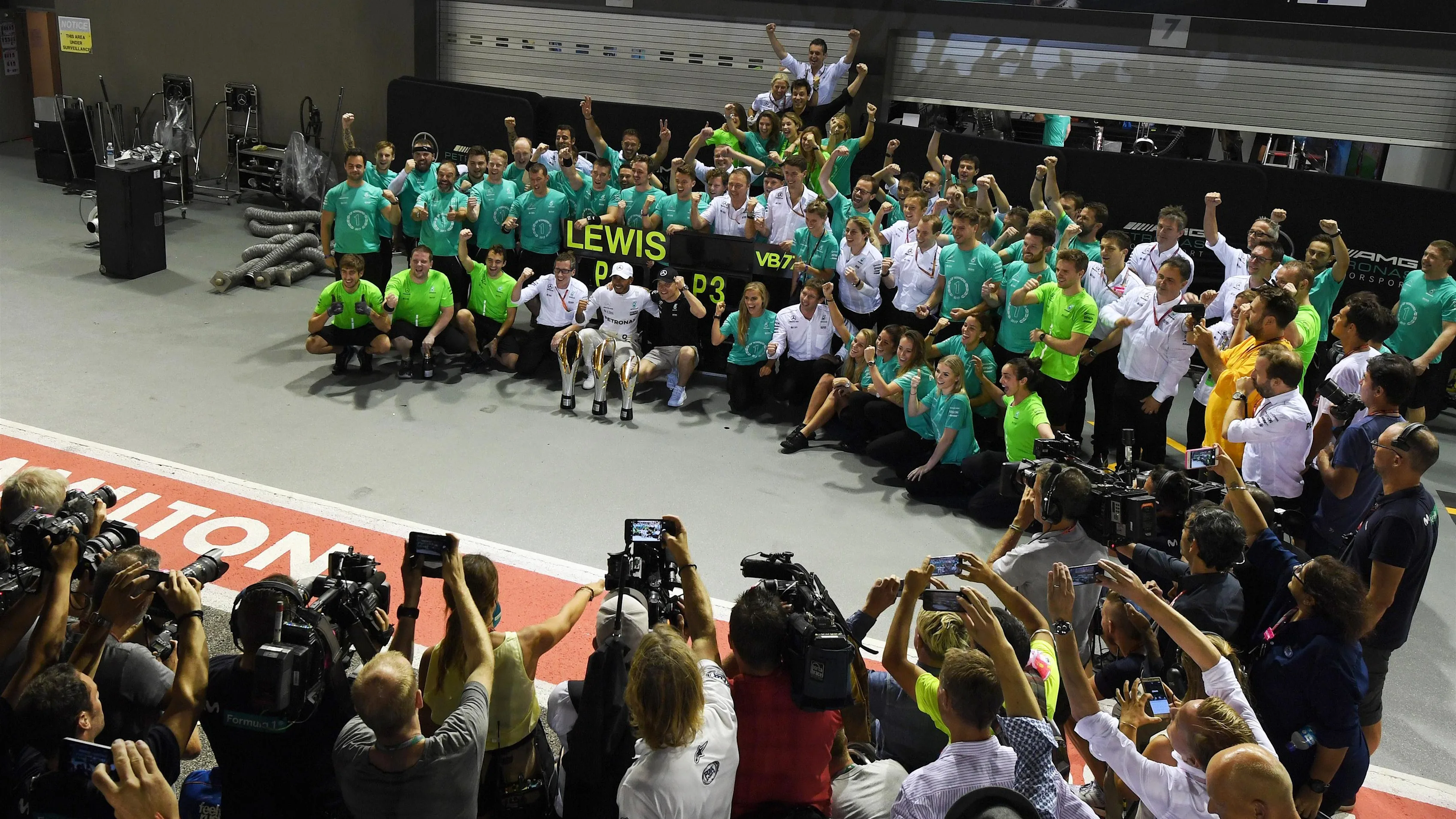 Lewis Hamilton (GBR) Mercedes AMG F1 and Valtteri Bottas (FIN) Mercedes AMG F1 celebrate with the