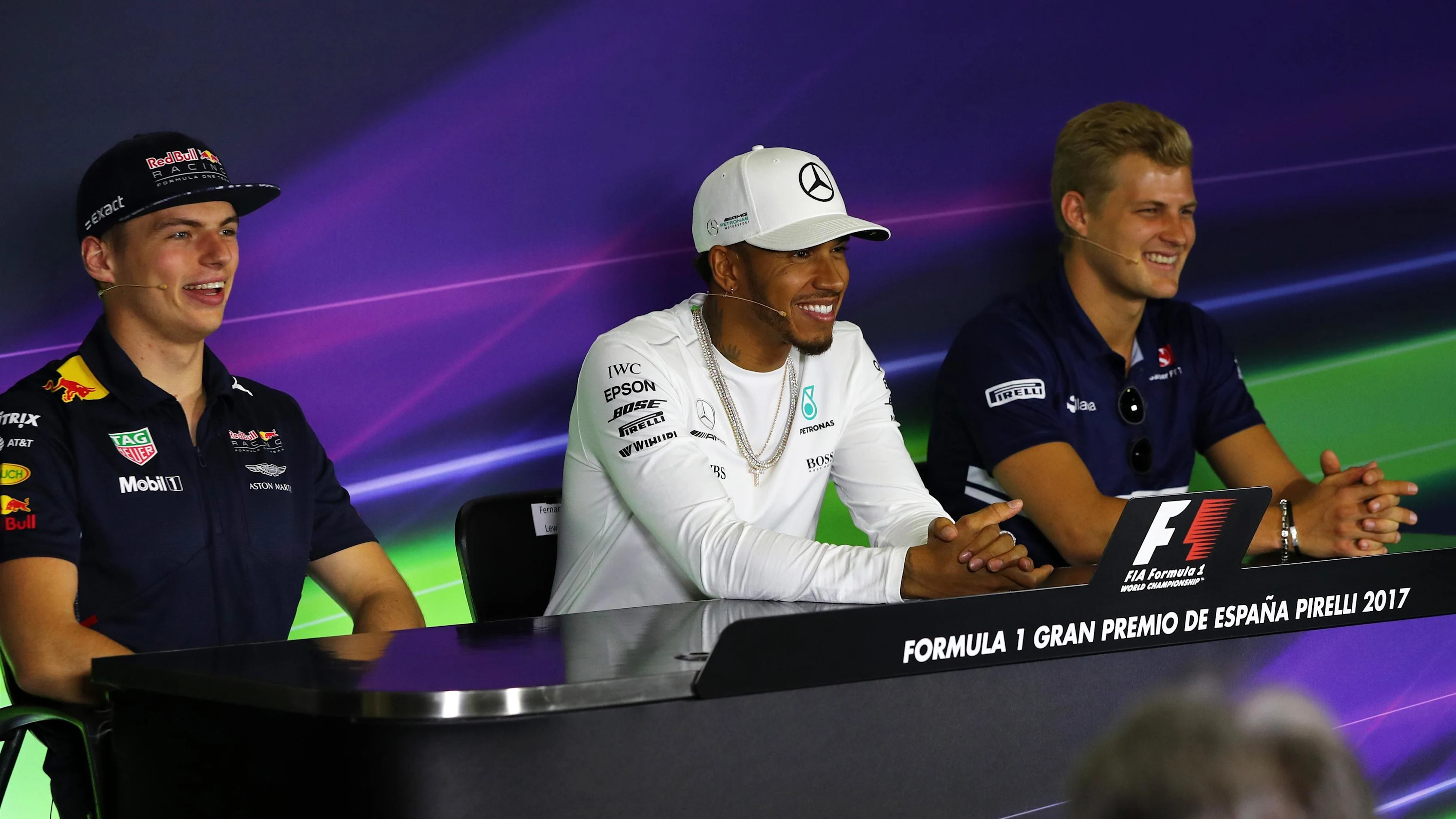 Max Verstappen (NED) Red Bull Racing, Lewis Hamilton (GBR) Mercedes AMG F1 and Marcus Ericsson (SWE) Sauber in the Press Conference at Formula One World Championship, Rd5, Spanish Grand Prix, Preparations, Barcelona, Spain, Thursday 11 May 2017. © Sutton Motorsport Images