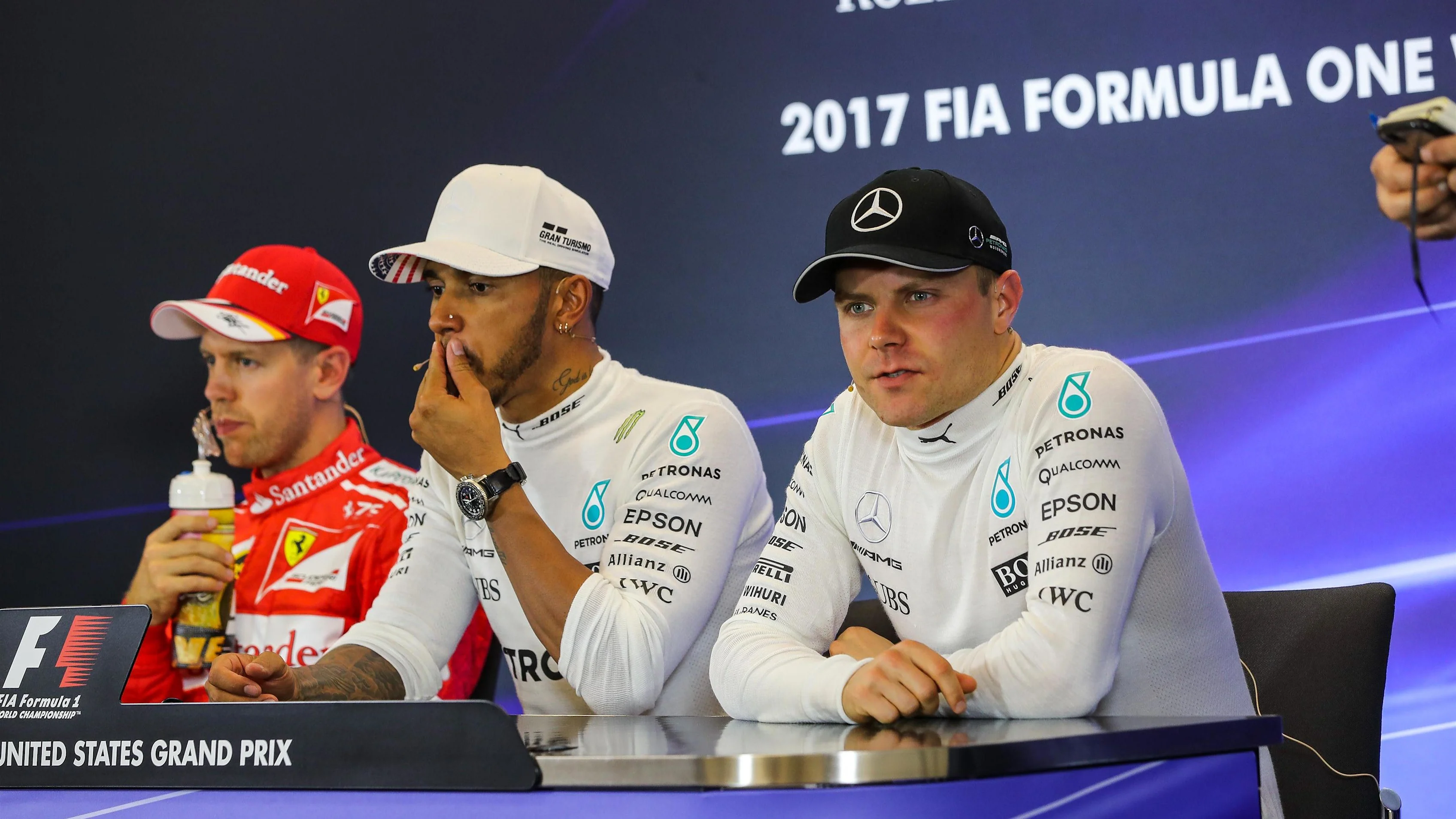 Sebastian Vettel (GER) Ferrari, Lewis Hamilton (GBR) Mercedes AMG F1, Valtteri Bottas (FIN) Mercedes AMG F1 in the Press Conference at Formula One World Championship, Rd17, United States Grand Prix, Qualifying, Circuit of the Americas, Austin, Texas, USA, Saturday 21 October 2017. © Kym Illman/Sutton Images
