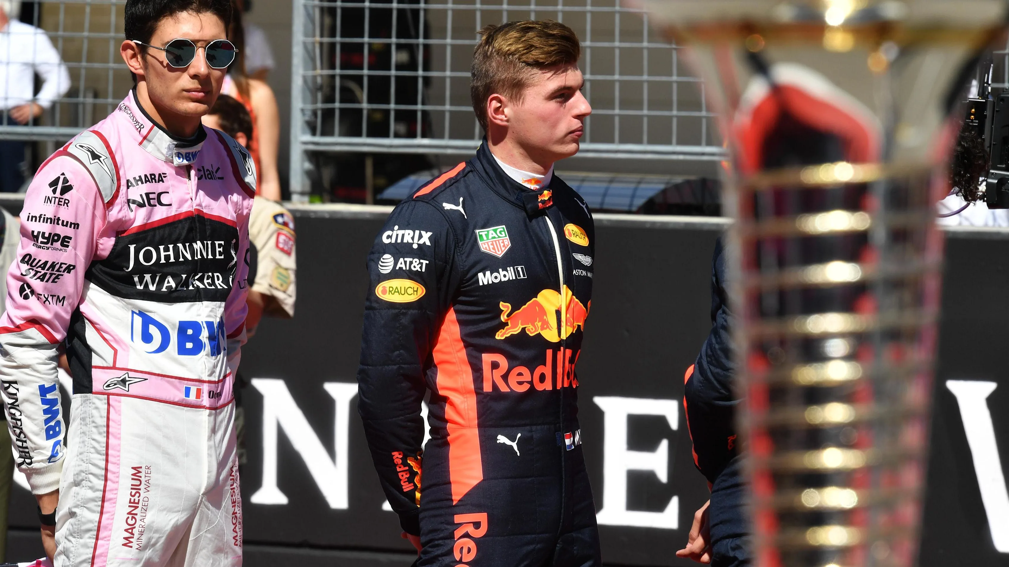 Esteban Ocon (FRA) Force India F1 and Max Verstappen (NED) Red Bull Racing on the grid at Formula
