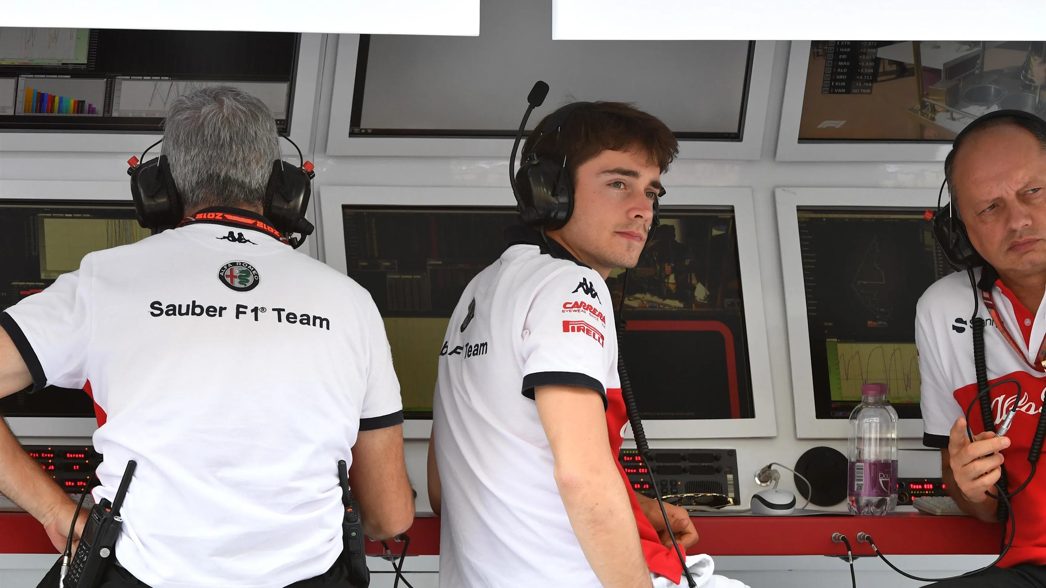 Charles Leclerc, Alfa Romeo Sauber F1 Team and Frederic Vasseur, Alfa Romeo Sauber F1 Team, Team Principal on the pit wall gantry in FP1 at Formula One World Championship, Rd21, Abu Dhabi Grand Prix, Practice, Yas Marina Circuit, Abu Dhabi, UAE, Friday 23 November 2018.