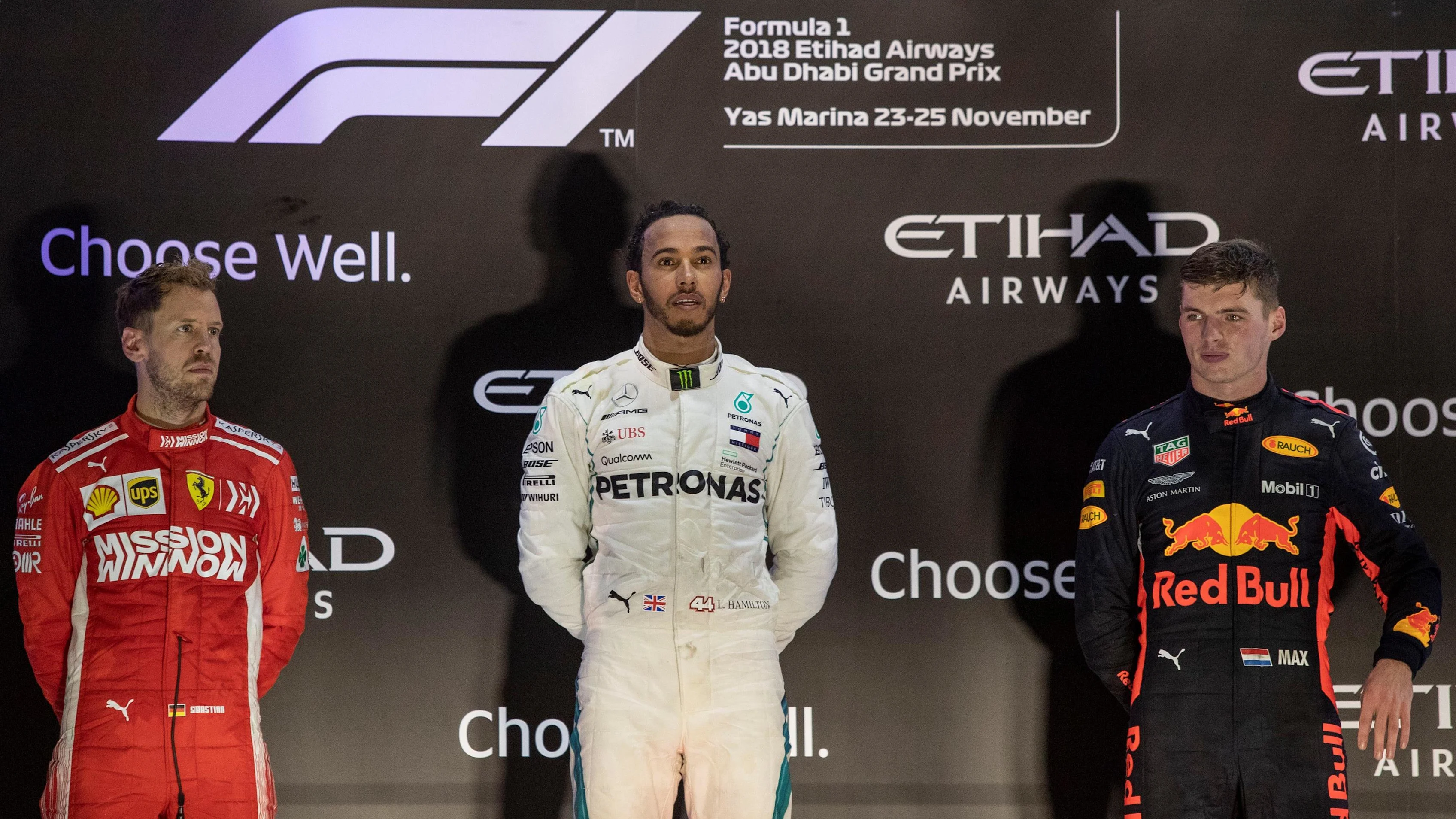 Sebastian Vettel, Ferrari, Lewis Hamilton, Mercedes AMG F1 and Max Verstappen, Red Bull Racing