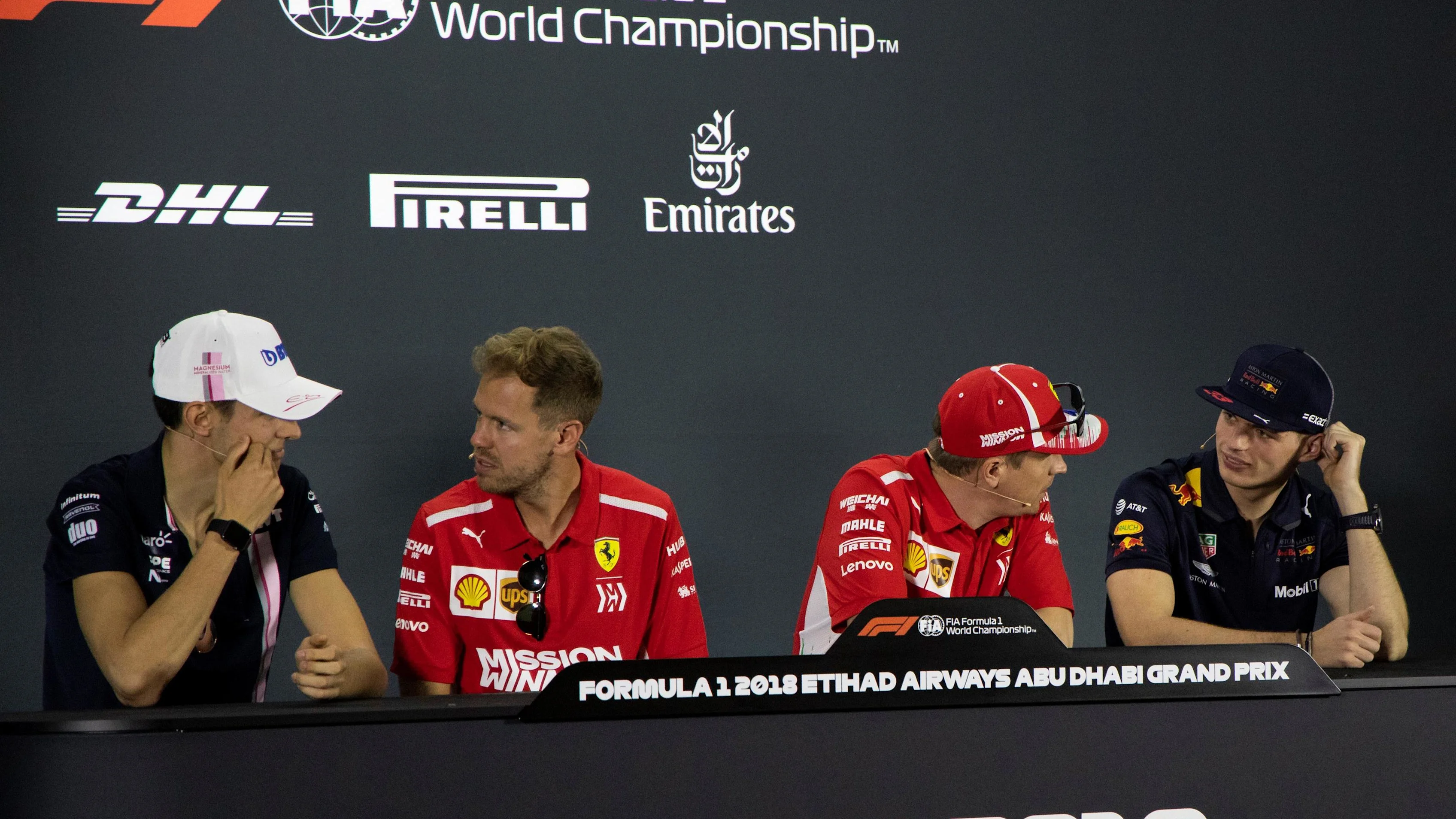 (L to R): Esteban Ocon, Racing Point Force India, Sebastian Vettel, Ferrari, Kimi Raikkonen, Ferrari and Max Verstappen, Red Bull Racing in the press conference at Formula One World Championship, Rd21, Abu Dhabi Grand Prix, Preparations, Yas Marina Circuit, Abu Dhabi, UAE, Thursday 22 November 2018.