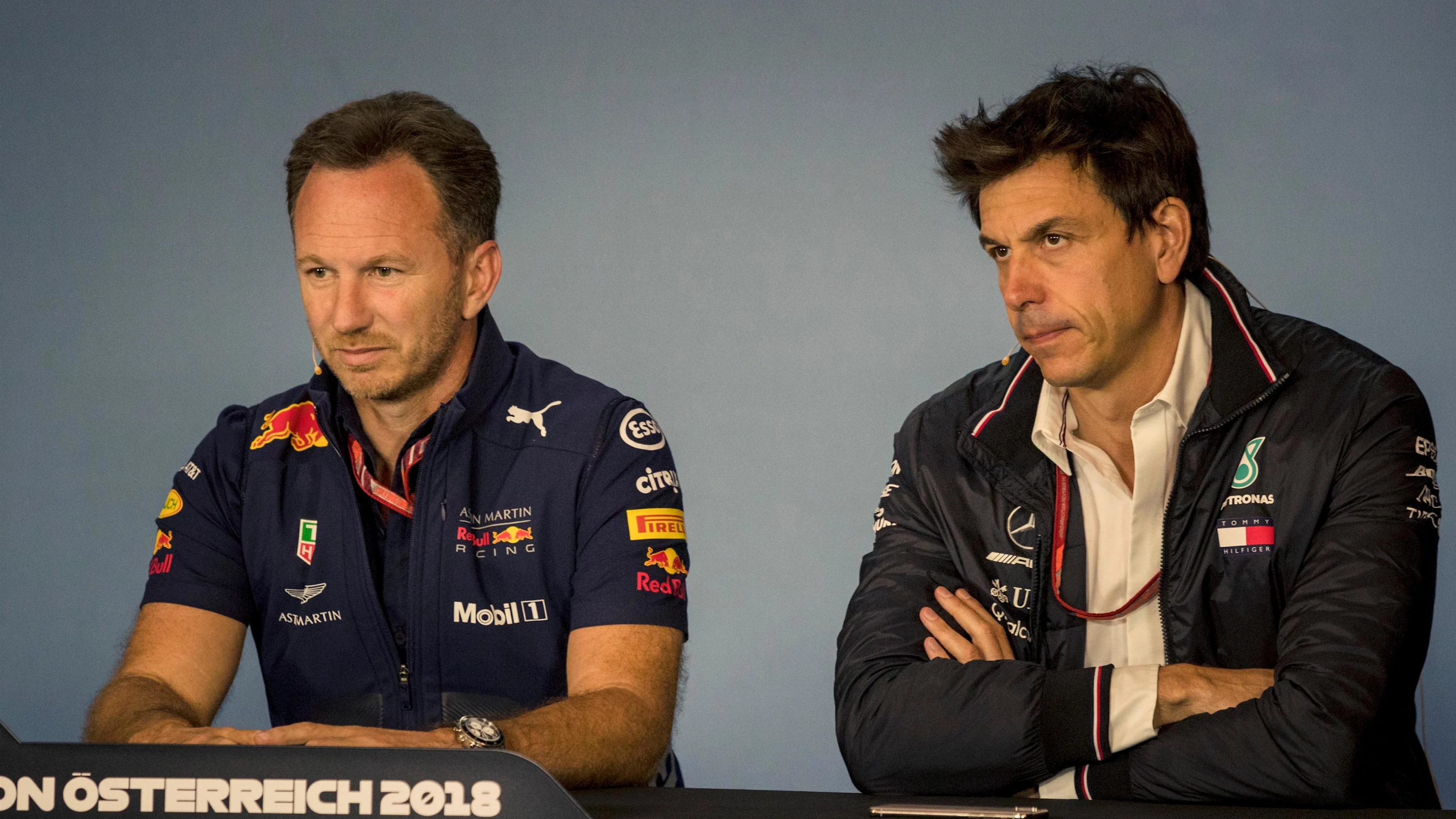 Christian Horner (GBR) Red Bull Racing Team Principal and Toto Wolff (AUT) Mercedes AMG F1 Director of Motorsport in the Press Conference at Formula One World Championship, Rd9, Austrian Grand Prix, Practice, Spielberg, Austria, Friday 29 June 2018. © Manuel Goria/Sutton Images