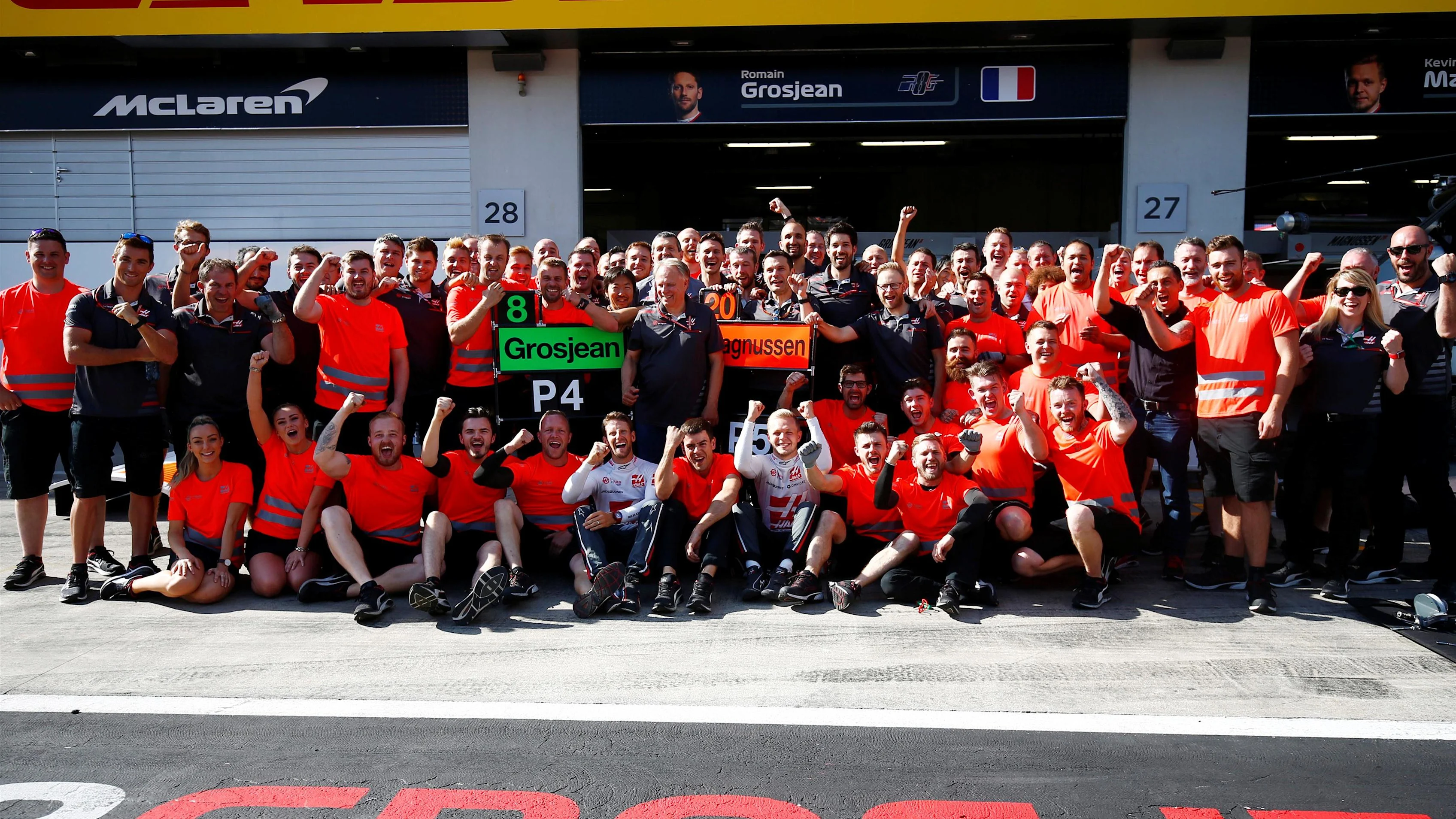 Romain Grosjean (FRA) Haas F1 aND Kevin Magnussen (DEN) Haas F1 celebrates fourth and fifth place