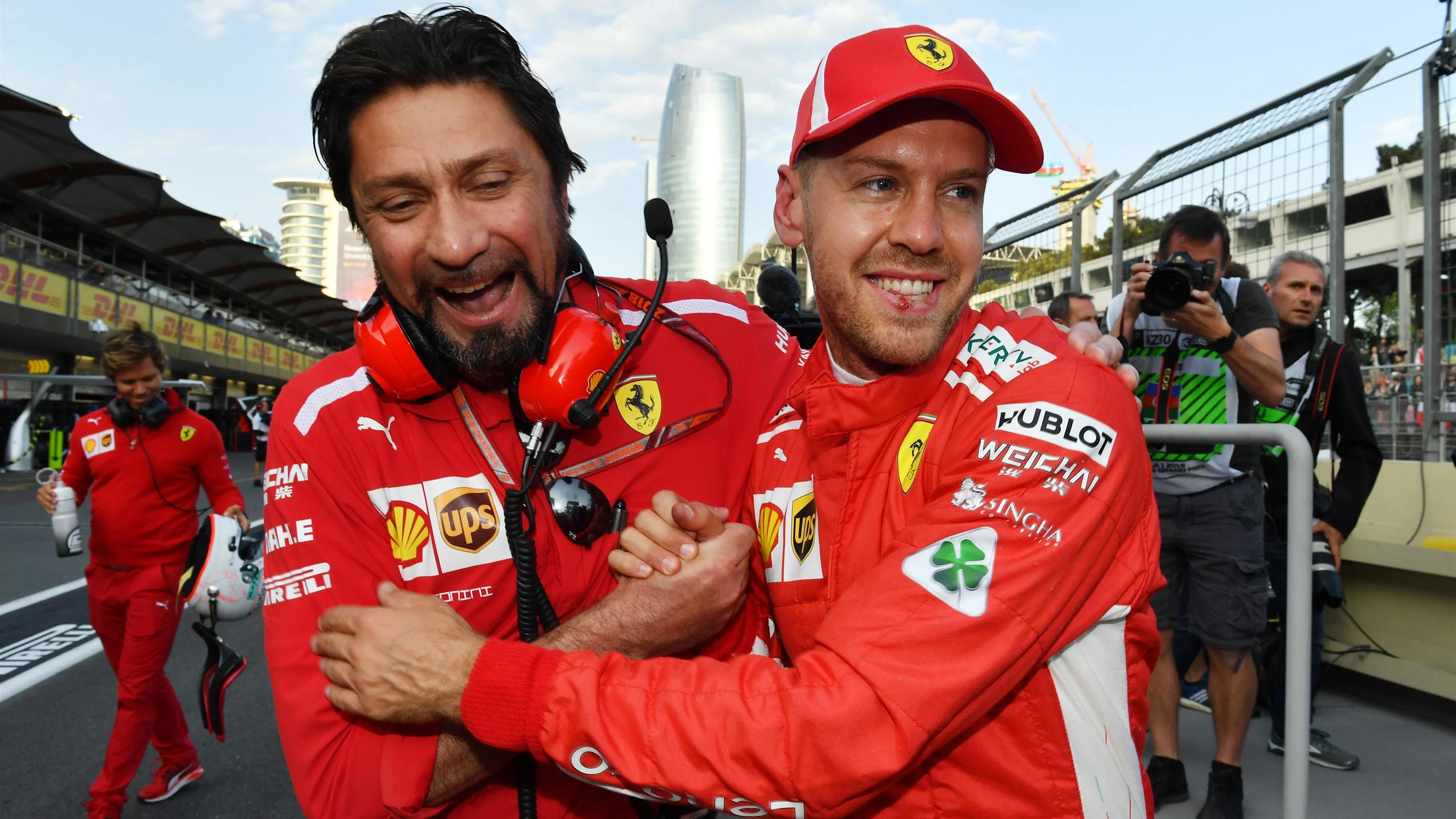 Pole sitter Sebastian Vettel (GER) Ferrari celebrates in parc ferme at Formula One World Championship, Rd4, Azerbaijan Grand Prix, Qualifying, Baku City Circuit, Baku, Azerbaijan, Saturday 28 April 2018. © Mark Sutton/Sutton Images