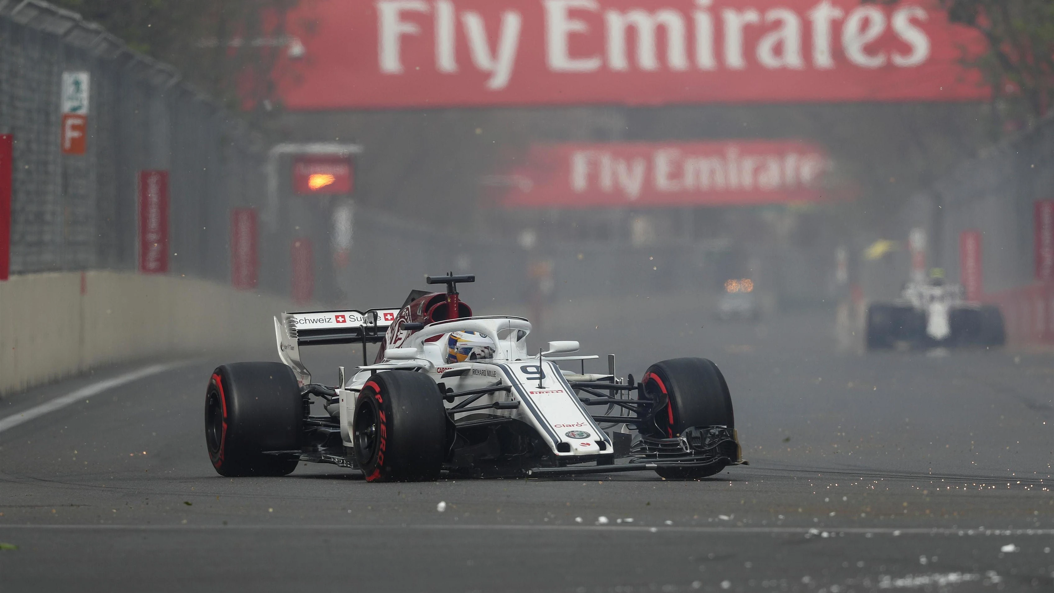 Marcus Ericsson (SWE) Alfa Romeo Sauber C37 with broken front wing on lap one at Formula One World Championship, Rd4, Azerbaijan Grand Prix, Race, Baku City Circuit, Baku, Azerbaijan, Sunday 29 April 2018. © James Gasperotti/Sutton Images