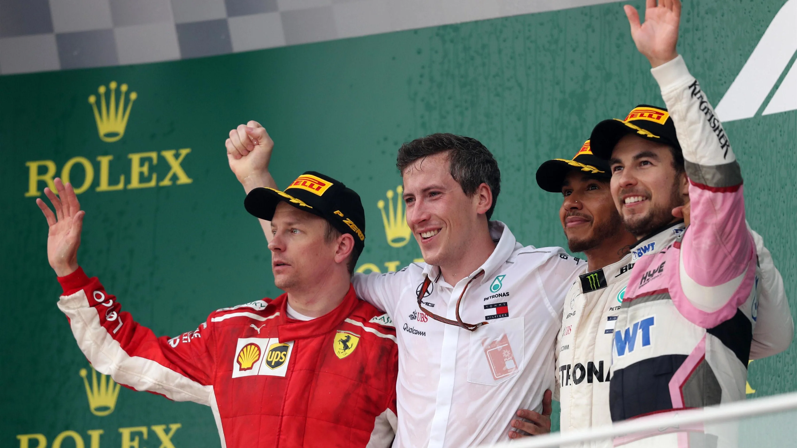 Kimi Raikkonen (FIN) Ferrari, Lewis Hamilton (GBR) Mercedes-AMG F1 and Sergio Perez (MEX) Force India at F1 World Championship, Rd4, Azerbaijan Grand Prix, Race, Baku City Circuit, Baku, Azerbaijan, Sunday 29 April 2018. © James Gasperotti/Sutton Images