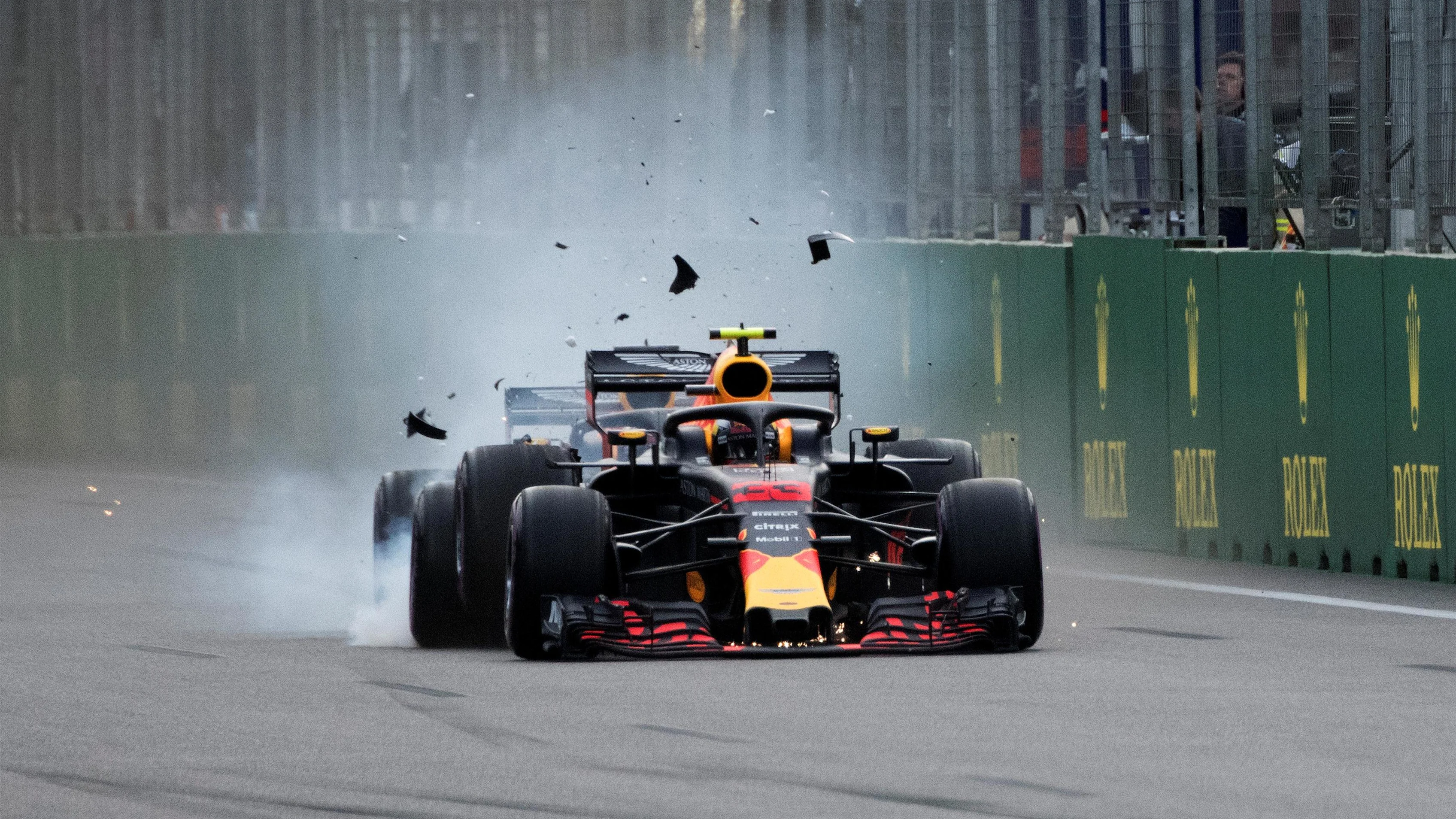 Max Verstappen (NED) Red Bull Racing RB14 and Daniel Ricciardo (AUS) Red Bull Racing RB14 crash at Formula One World Championship, Rd4, Azerbaijan Grand Prix, Race, Baku City Circuit, Baku, Azerbaijan, Sunday 29 April 2018. © Potts/Sutton Images