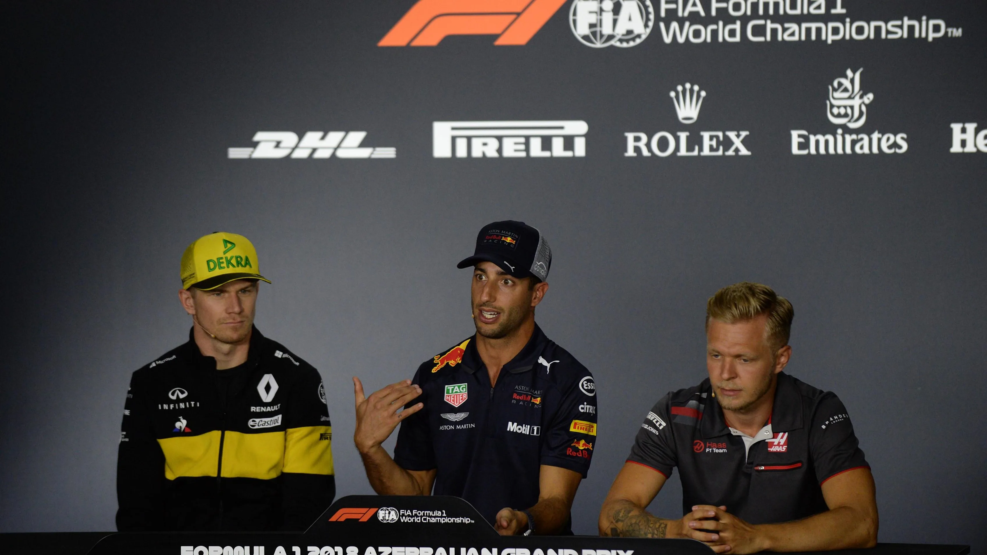 Nico Hulkenberg (GER) Renault Sport F1 Team, Daniel Ricciardo (AUS) Red Bull Racing and Kevin Magnussen (DEN) Haas F1 in the Press Conference at Formula One World Championship, Rd4, Azerbaijan Grand Prix, Preparations, Baku City Circuit, Baku, Azerbaijan, Thursday 26 April 2018. © Simon Galloway/Sutton Images
