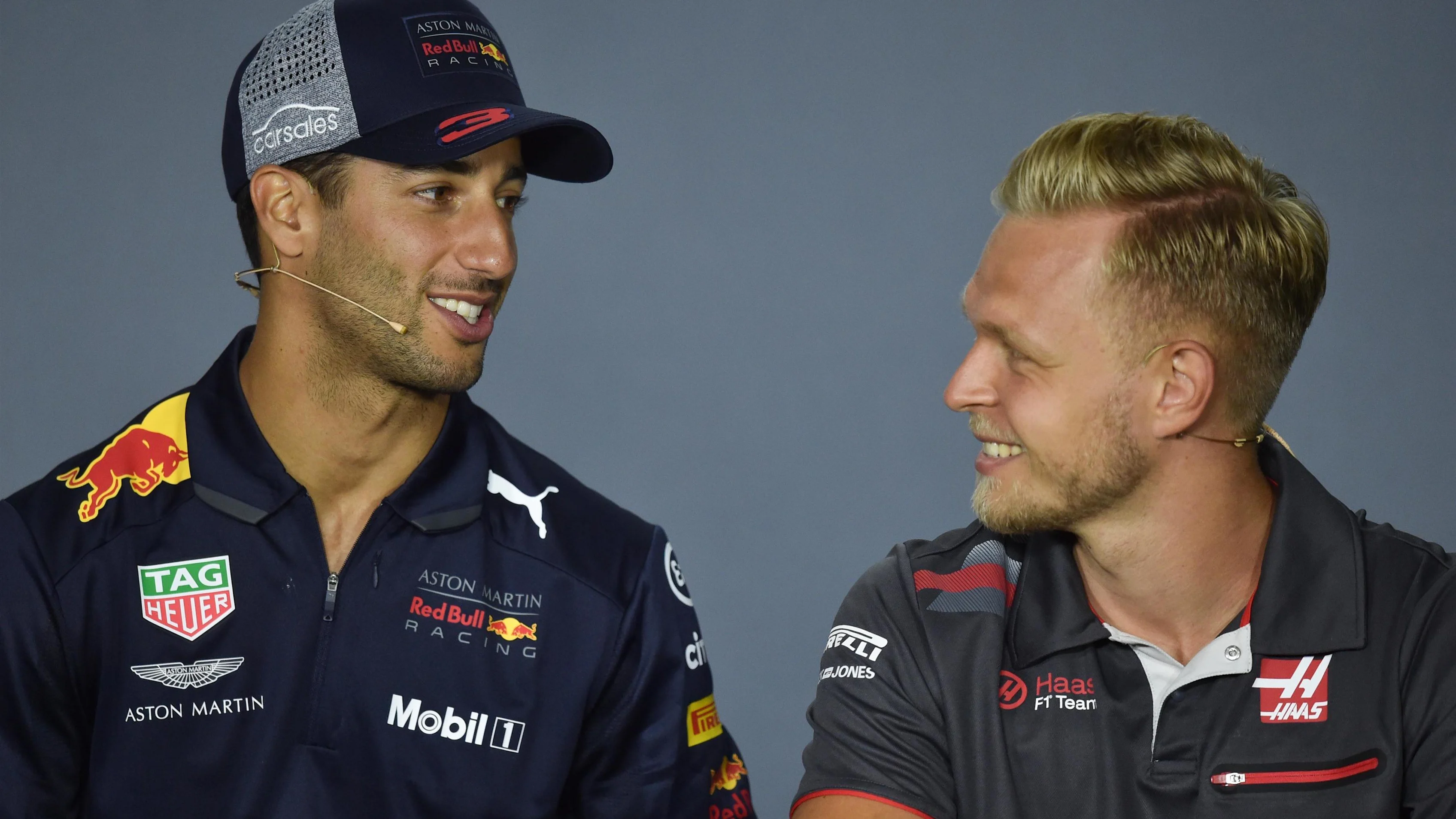 Daniel Ricciardo (AUS) Red Bull Racing and Kevin Magnussen (DEN) Haas F1 in the Press Conference at Formula One World Championship, Rd4, Azerbaijan Grand Prix, Preparations, Baku City Circuit, Baku, Azerbaijan, Thursday 26 April 2018. © Simon Galloway/Sutton Images