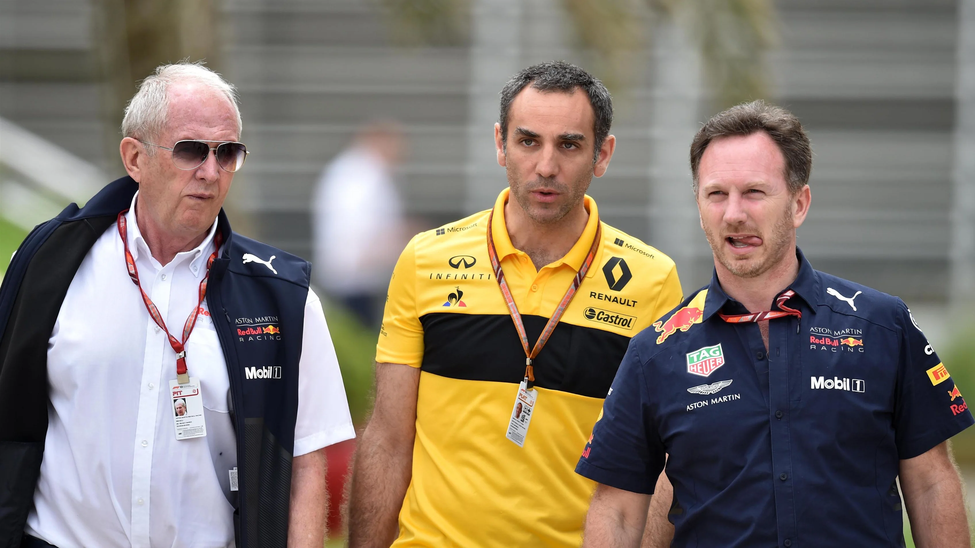Dr Helmut Marko (AUT) Red Bull Motorsport Consultant, Cyril Abiteboul (FRA) Renault Sport F1 Managing Director and Christian Horner (GBR) Red Bull Racing Team Principal at Formula One World Championship, Rd2, Bahrain Grand Prix, Practice, Bahrain International Circuit, Sakhir, Bahrain, Friday 6 April 2018. © Simon Galloway/Sutton Images