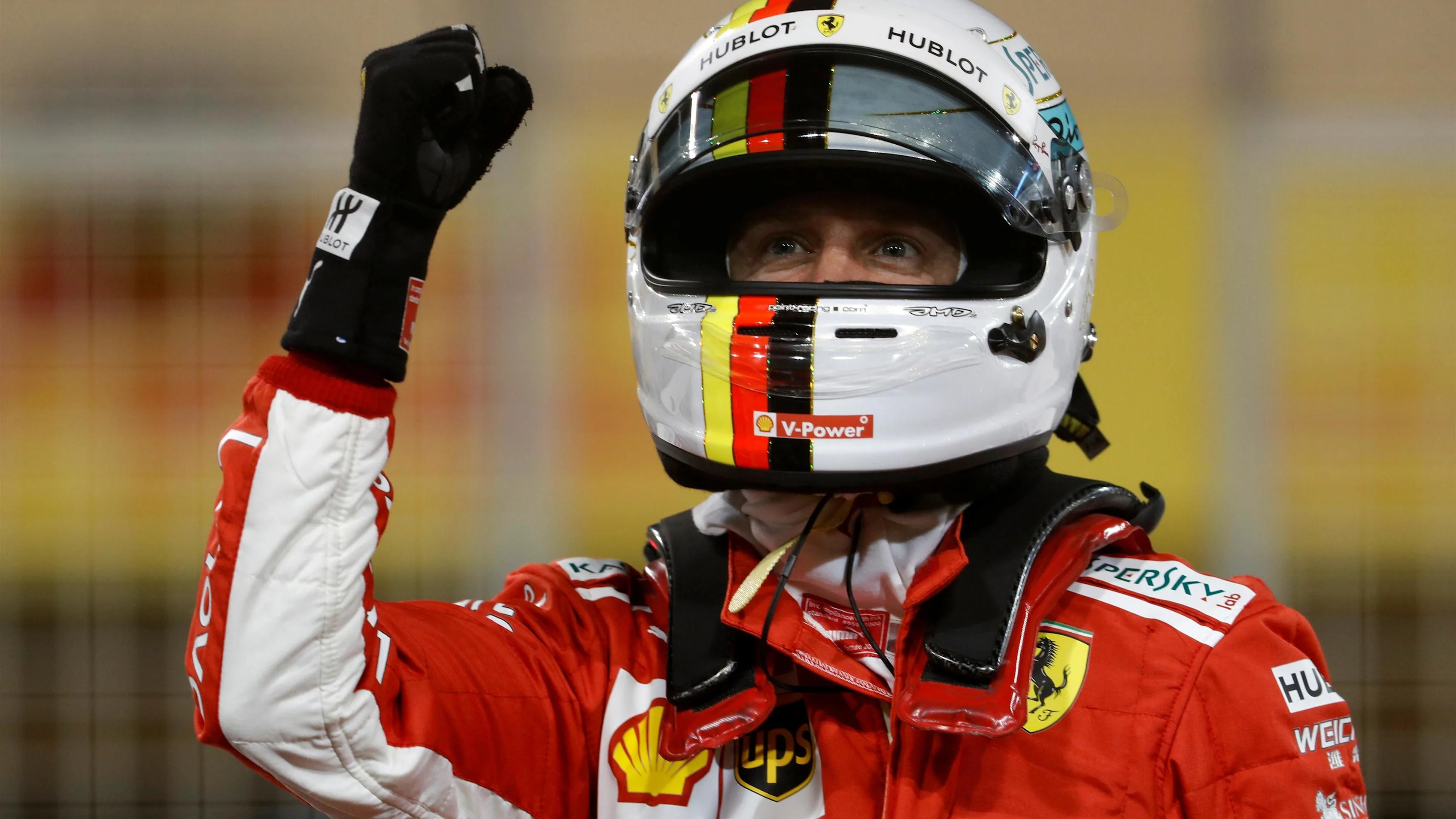 Pole sitter Sebastian Vettel (GER) Ferrari celebrates in parc ferme at Formula One World Championship, Rd2, Bahrain Grand Prix, Qualifying, Bahrain International Circuit, Sakhir, Bahrain, Saturday 7 April 2018. © Steven Tee/LAT/Sutton Images
