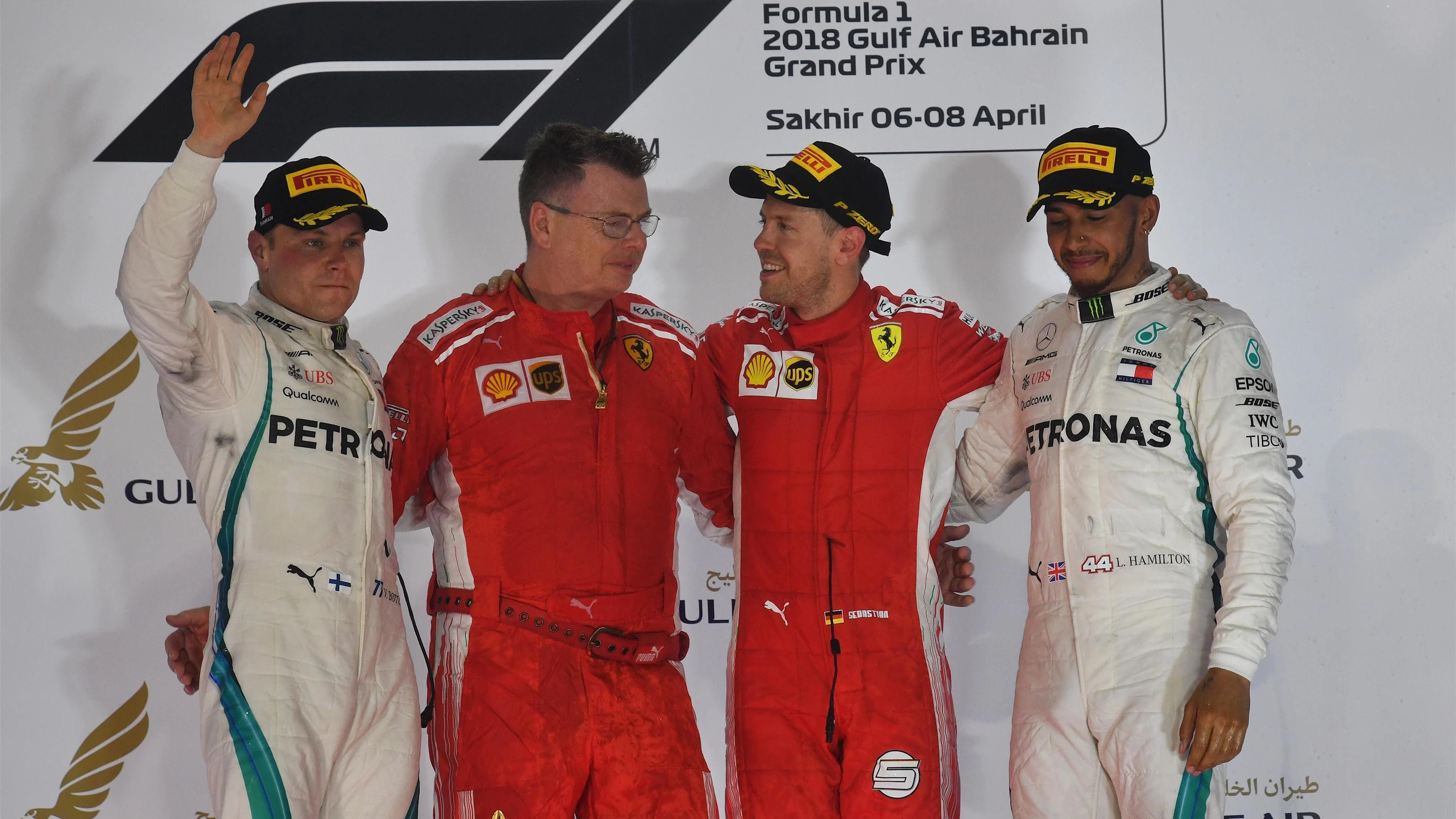 (L to R): Valtteri Bottas (FIN) Mercedes-AMG F1, Sebastian Vettel (GER) Ferrari and Lewis Hamilton (GBR) Mercedes-AMG F1 celebrate on the podium at Formula One World Championship, Rd2, Bahrain Grand Prix, Race, Bahrain International Circuit, Sakhir, Bahrain, Sunday 8 April 2018. © Mark Sutton/Sutton Images
